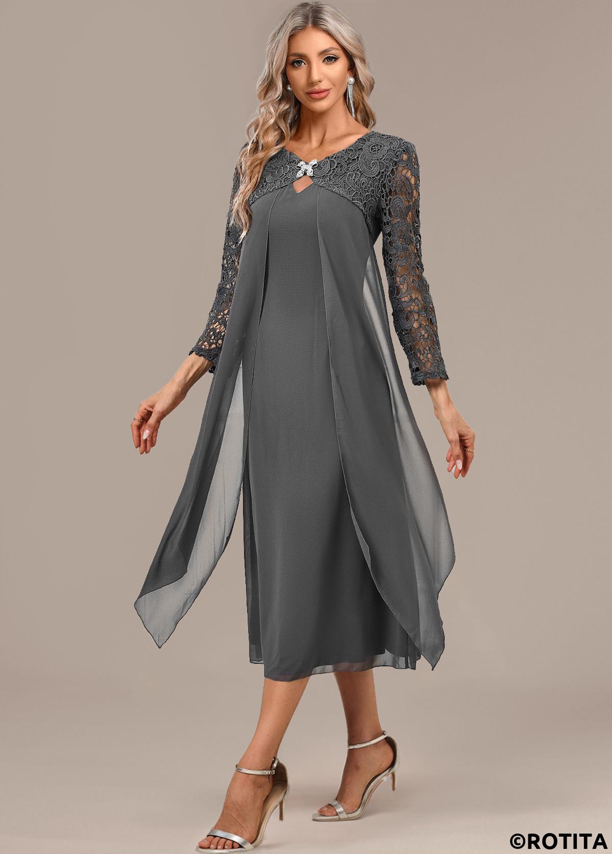 Dark Grey dresses,Plain Color dresses,Party dresses,Elegant dresses,ROTITA Dark Grey A Line Round Neck 3/4 Sleeve Dress