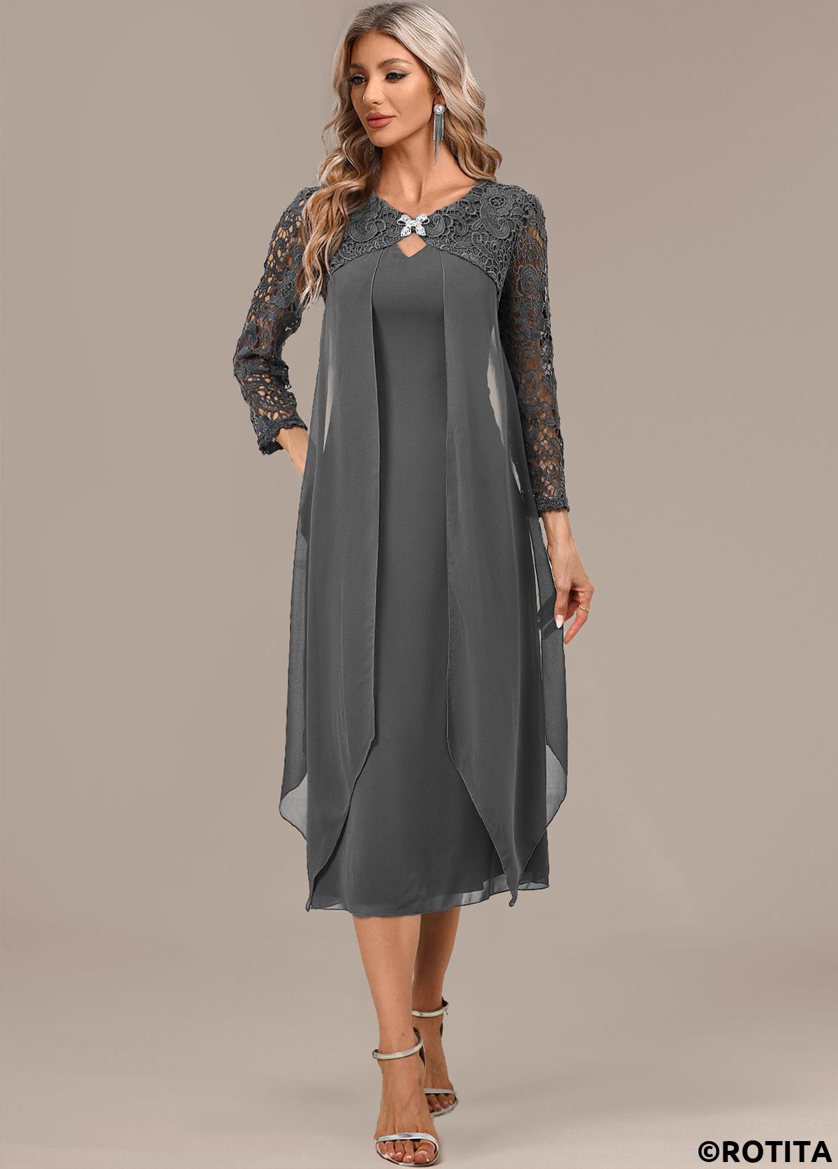 Dark Grey dresses,Plain Color dresses,Party dresses,Elegant dresses,ROTITA Dark Grey A Line Round Neck 3/4 Sleeve Dress