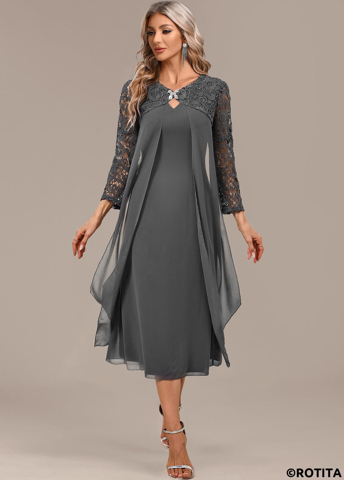 Dark Grey dresses,Plain Color dresses,Party dresses,Elegant dresses,ROTITA Dark Grey A Line Round Neck 3/4 Sleeve Dress