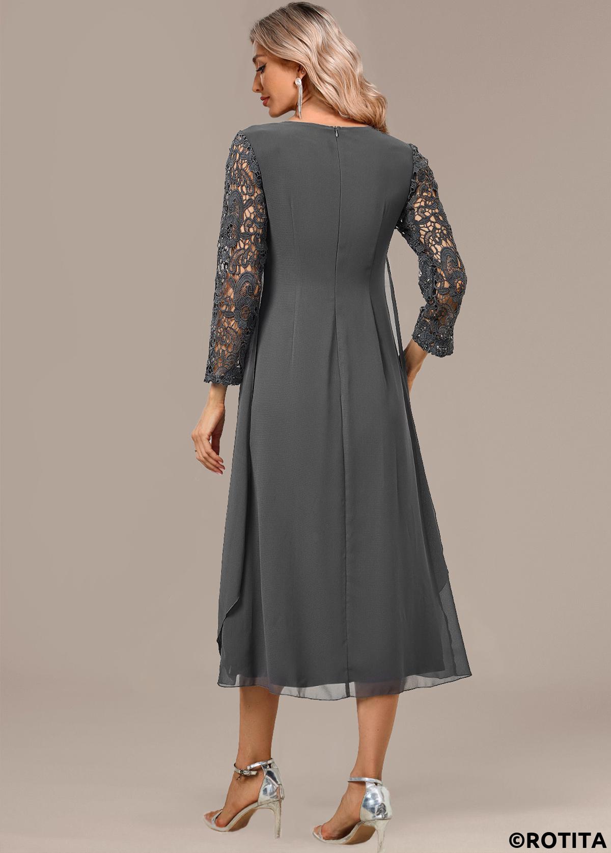 Dark Grey dresses,Plain Color dresses,Party dresses,Elegant dresses,ROTITA Dark Grey A Line Round Neck 3/4 Sleeve Dress