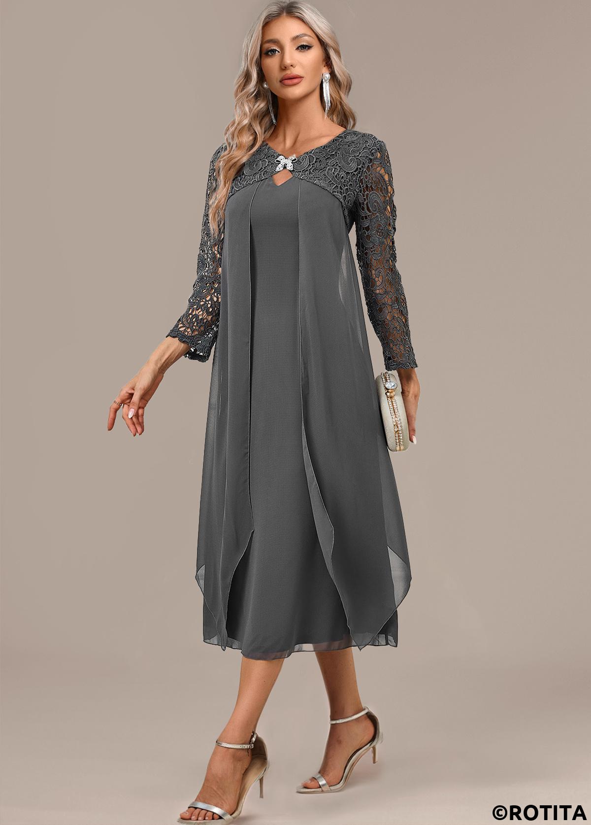 Dark Grey dresses,Plain Color dresses,Party dresses,Elegant dresses,ROTITA Dark Grey A Line Round Neck 3/4 Sleeve Dress
