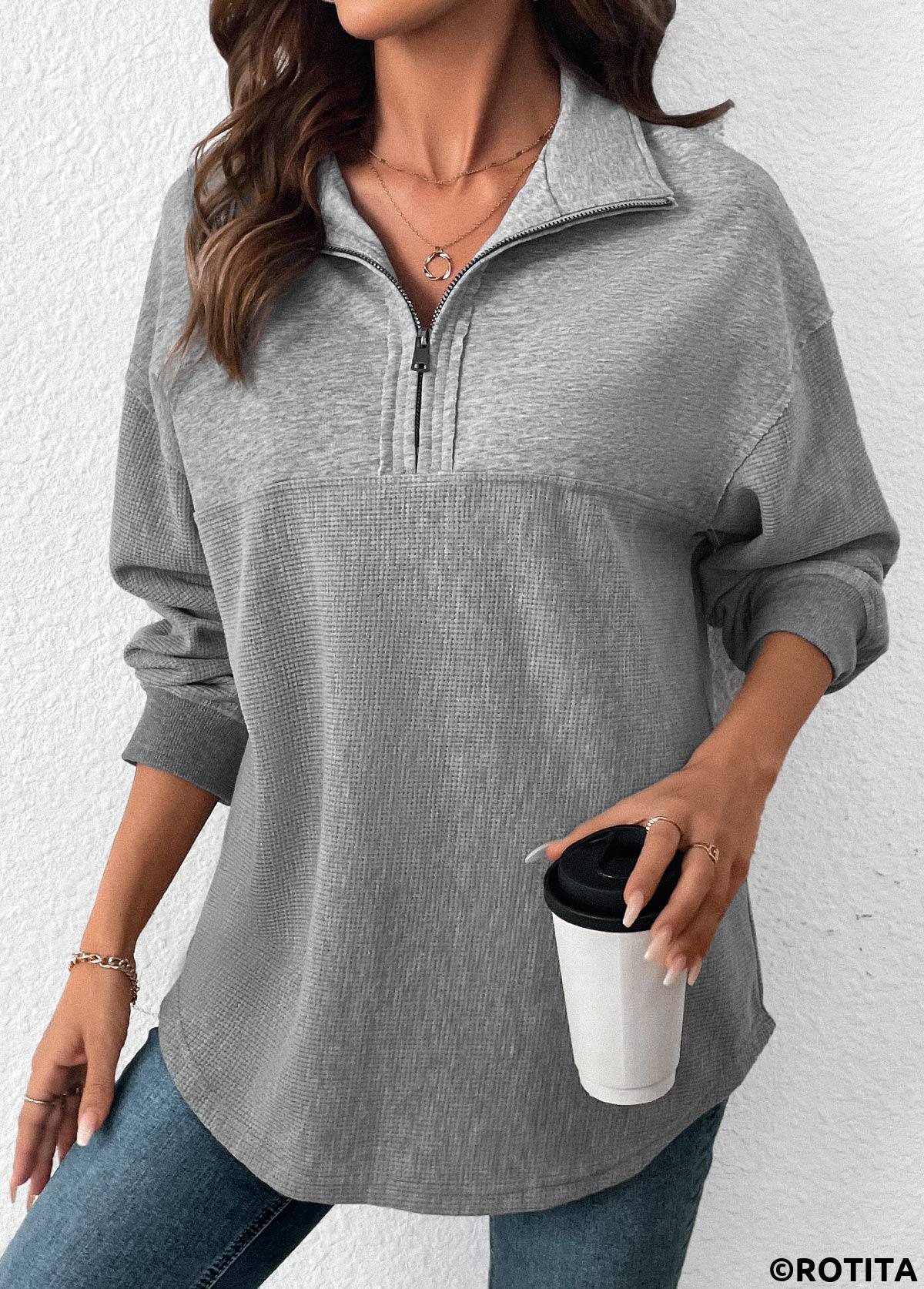 Grey tops,Plain Color tops,ROTITA Tummy Coverage Grey Turn Down Collar Long Sleeve Sweatshirt