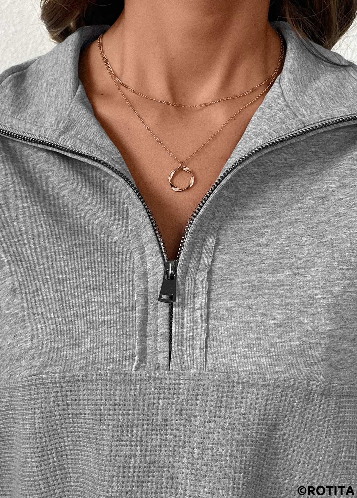 Grey tops,Plain Color tops,ROTITA Tummy Coverage Grey Turn Down Collar Long Sleeve Sweatshirt