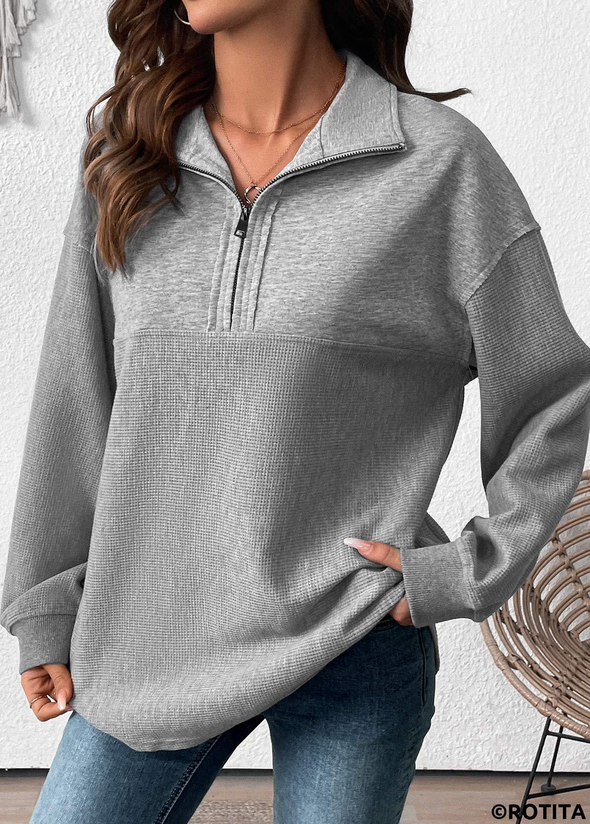 Grey tops,Plain Color tops,ROTITA Tummy Coverage Grey Turn Down Collar Long Sleeve Sweatshirt