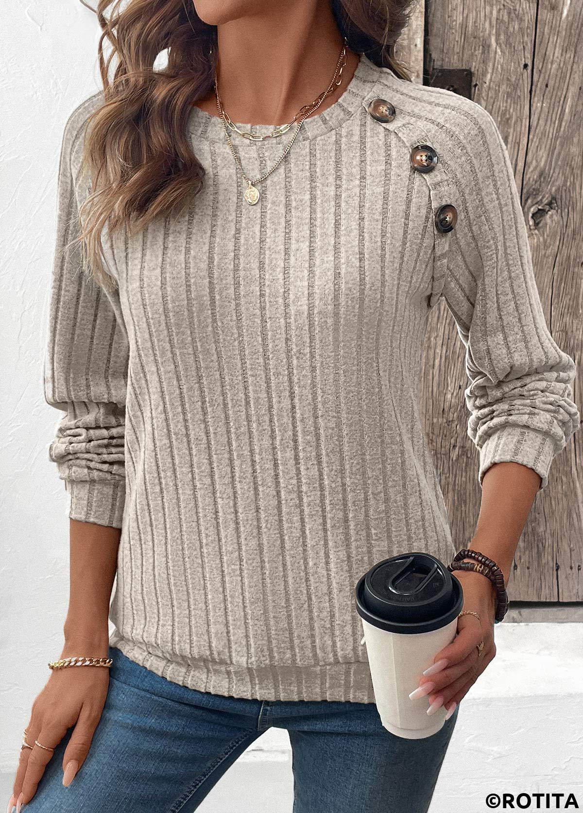 Light Coffee tops,Plain Color tops,ROTITA Patchwork Light Coffee Round Neck Long Sleeve Sweatshirt