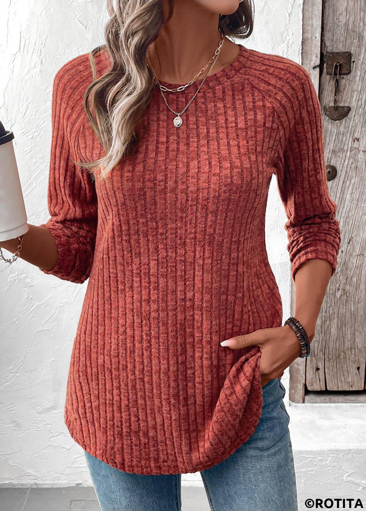 Brick Red tops,Plain Color tops,ROTITA Curved Hem Brick Red Round Neck T Shirt