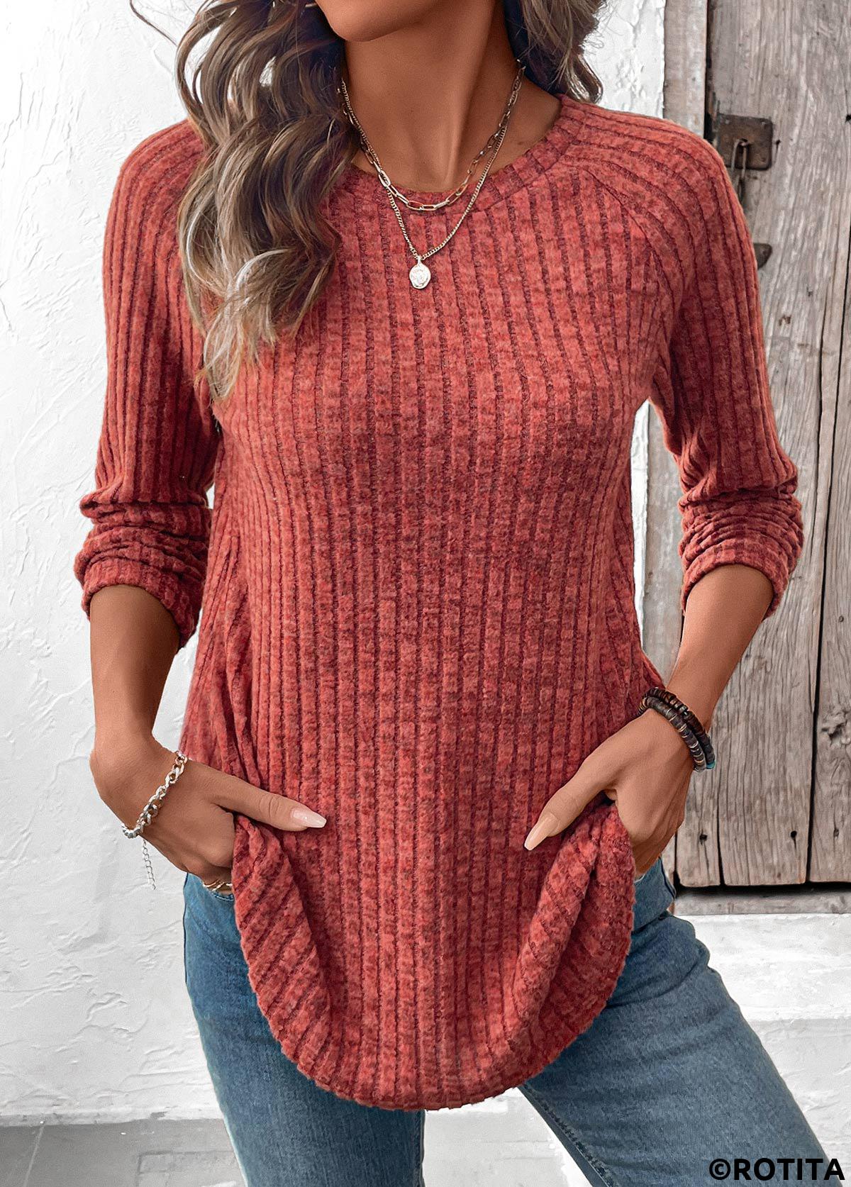 Brick Red tops,Plain Color tops,ROTITA Curved Hem Brick Red Round Neck T Shirt
