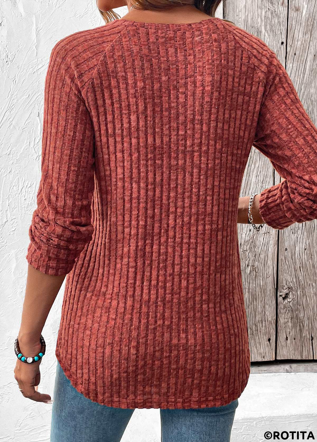 Brick Red tops,Plain Color tops,ROTITA Curved Hem Brick Red Round Neck T Shirt