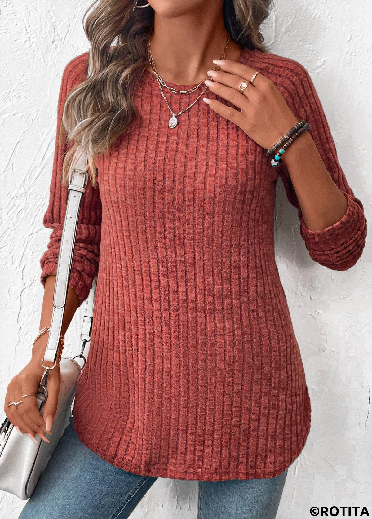 Brick Red tops,Plain Color tops,ROTITA Curved Hem Brick Red Round Neck T Shirt
