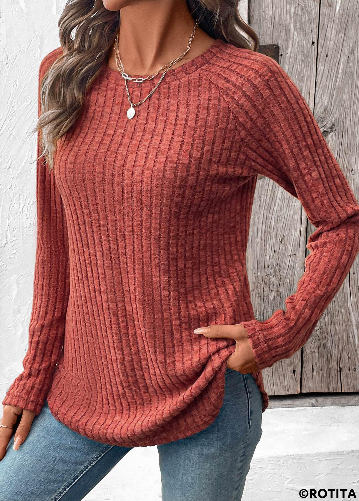 Brick Red tops,Plain Color tops,ROTITA Curved Hem Brick Red Round Neck T Shirt