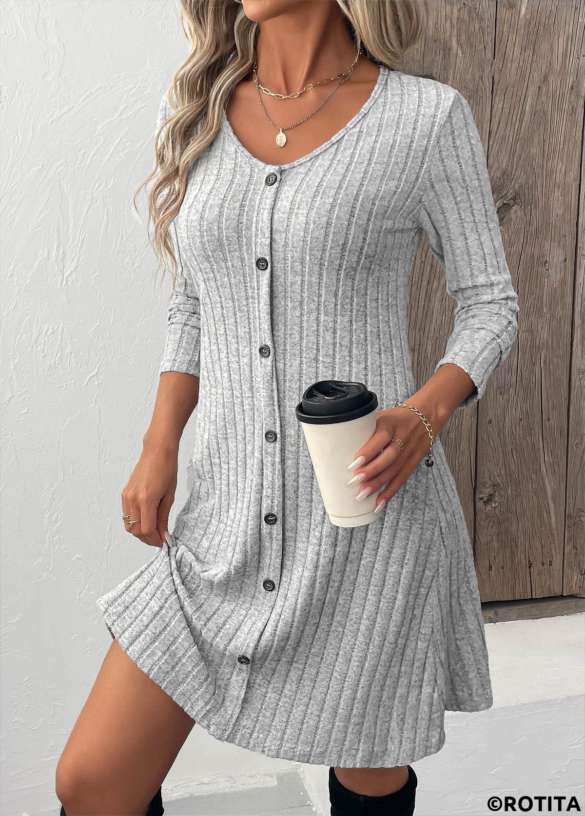 Light Grey dresses,Plain Color dresses,Everyday dresses,Casual dresses,ROTITA Button Light Grey Scoop Neck Long Sleeve Dress