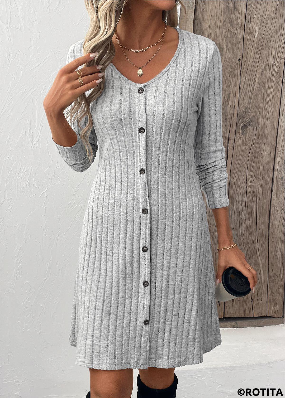 Light Grey dresses,Plain Color dresses,Everyday dresses,Casual dresses,ROTITA Button Light Grey Scoop Neck Long Sleeve Dress
