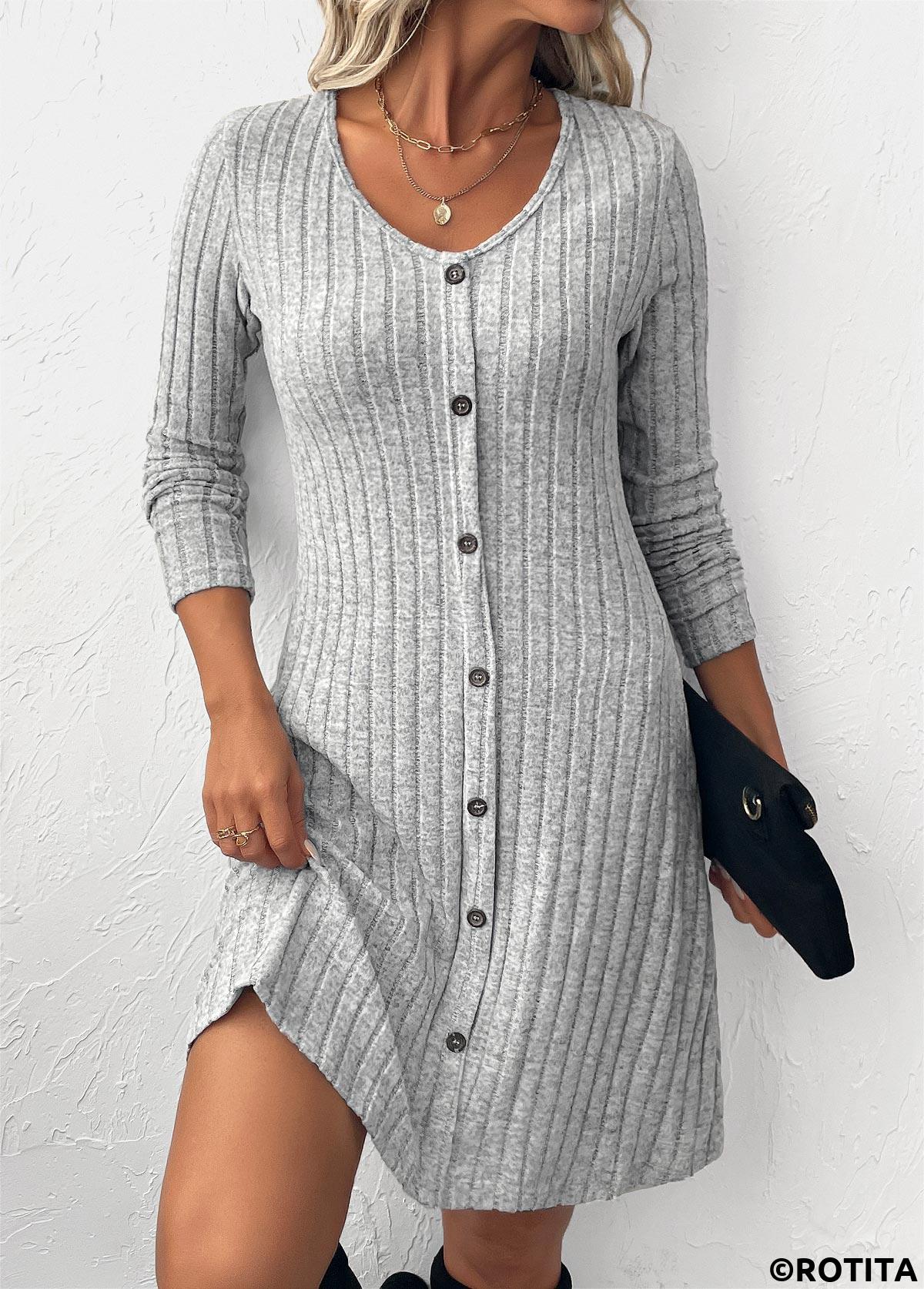 Light Grey dresses,Plain Color dresses,Everyday dresses,Casual dresses,ROTITA Button Light Grey Scoop Neck Long Sleeve Dress