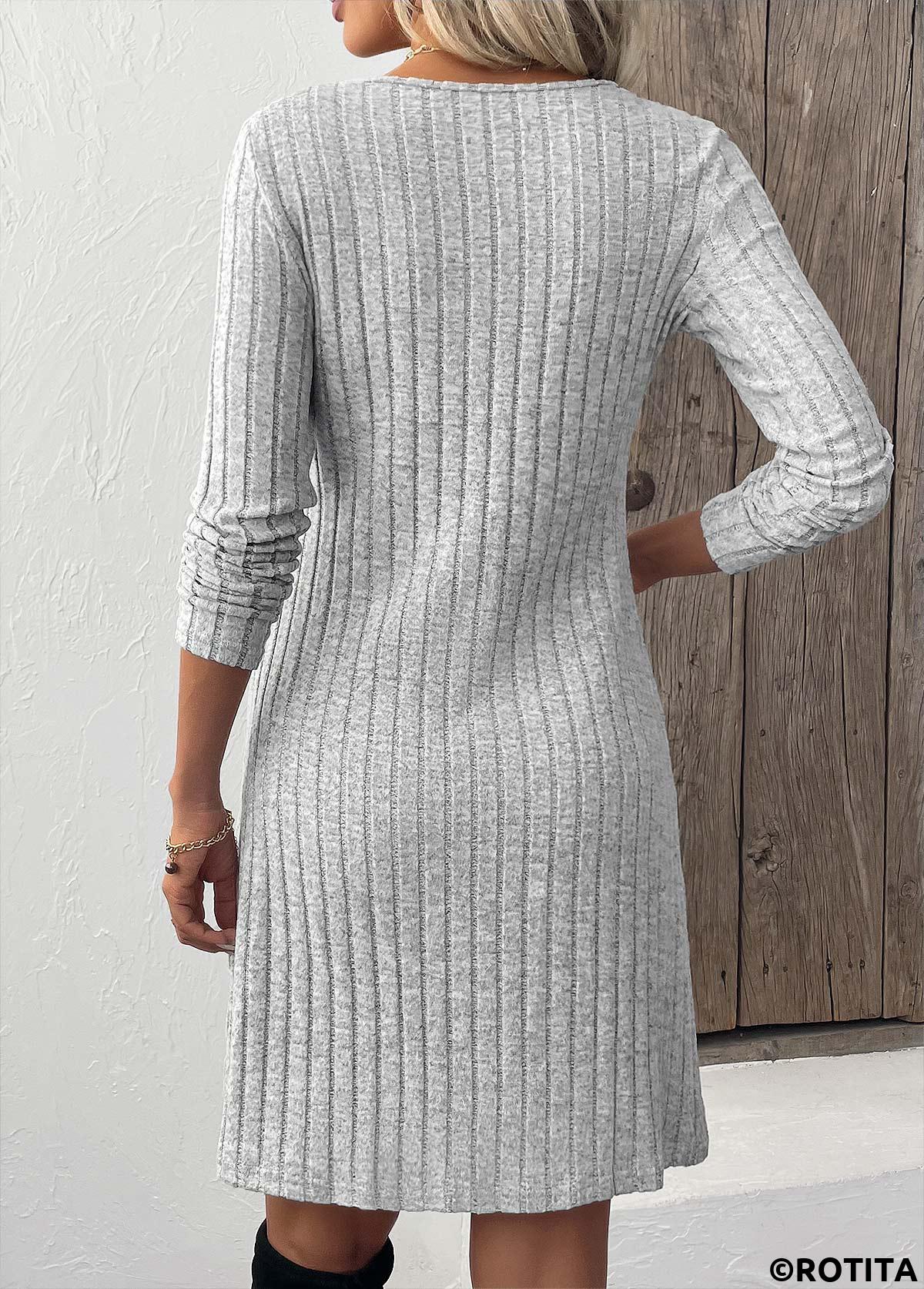 Light Grey dresses,Plain Color dresses,Everyday dresses,Casual dresses,ROTITA Button Light Grey Scoop Neck Long Sleeve Dress