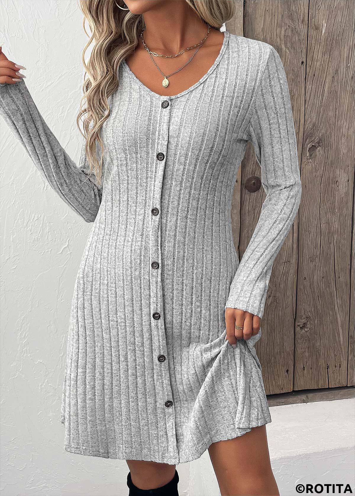 Light Grey dresses,Plain Color dresses,Everyday dresses,Casual dresses,ROTITA Button Light Grey Scoop Neck Long Sleeve Dress