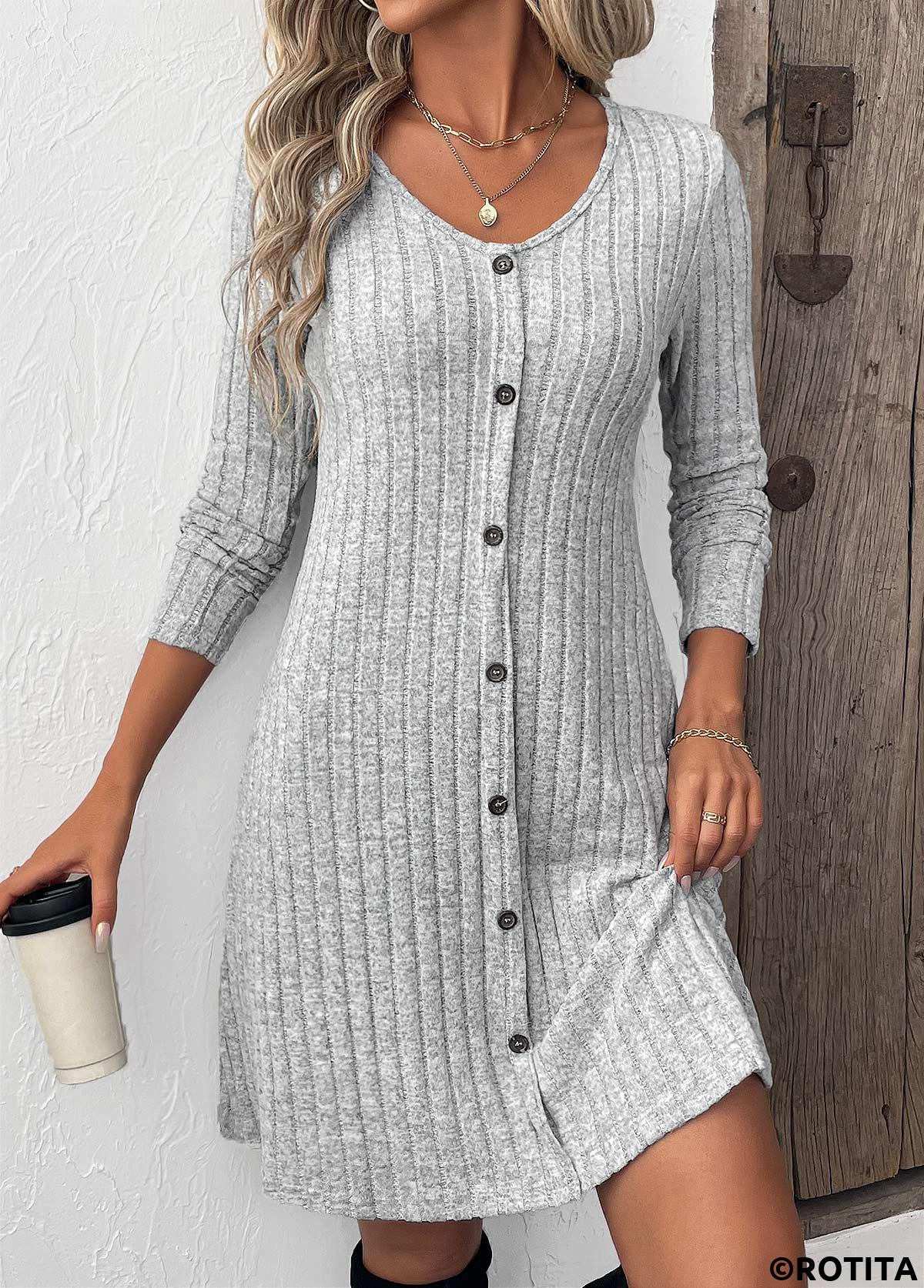 Light Grey dresses,Plain Color dresses,Everyday dresses,Casual dresses,ROTITA Button Light Grey Scoop Neck Long Sleeve Dress