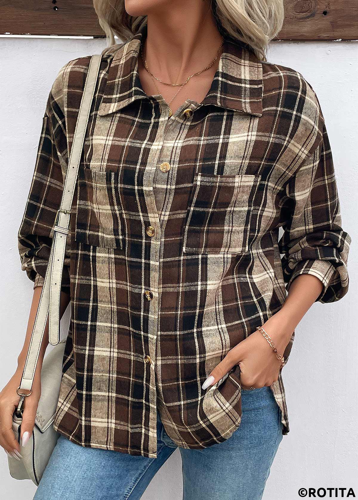 Dark Coffee tops,Plaid tops,Geometric tops,ROTITA Curved Hem Plaid Dark Coffee Turn Down Collar Shirt