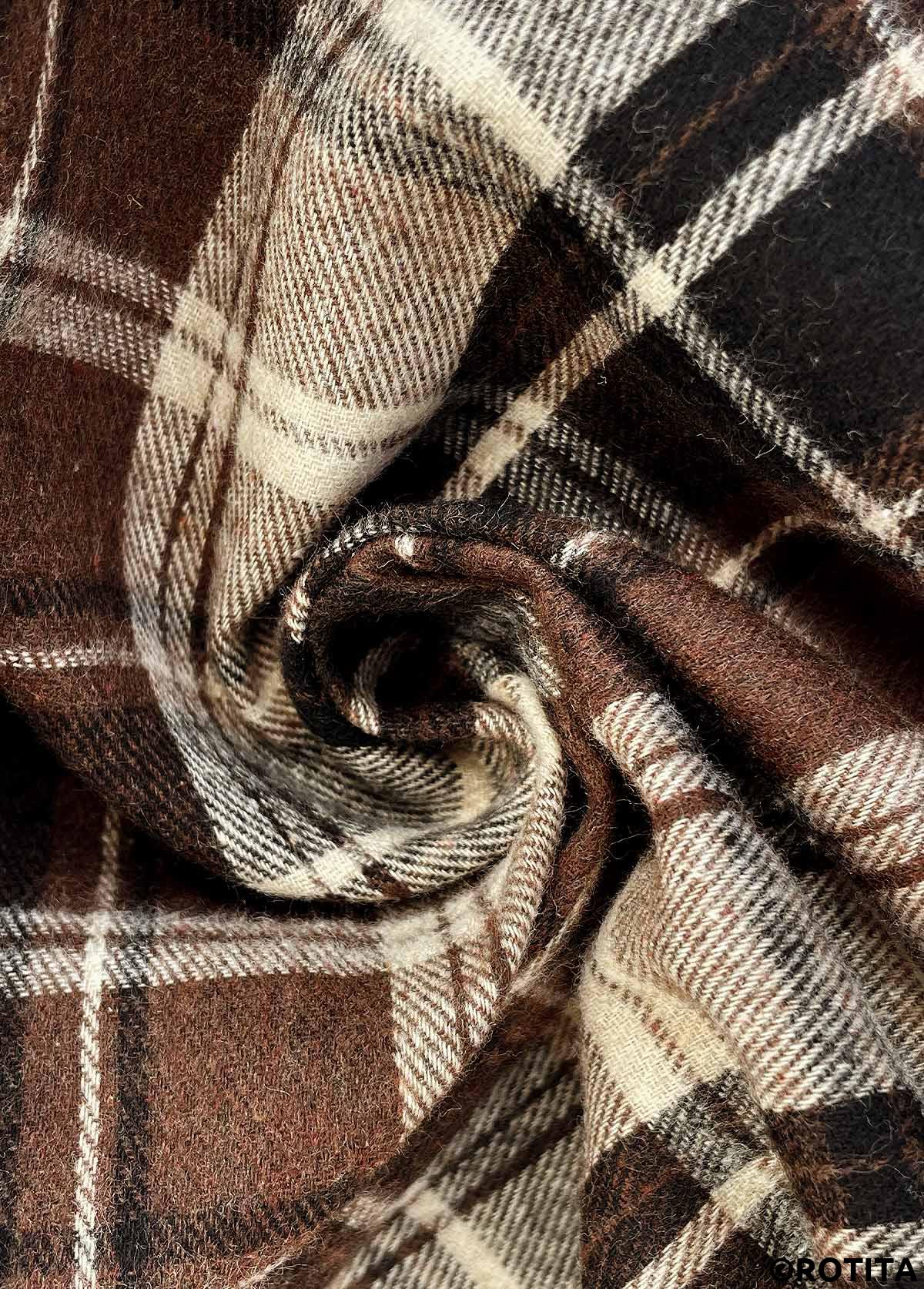 Dark Coffee tops,Plaid tops,Geometric tops,ROTITA Curved Hem Plaid Dark Coffee Turn Down Collar Shirt