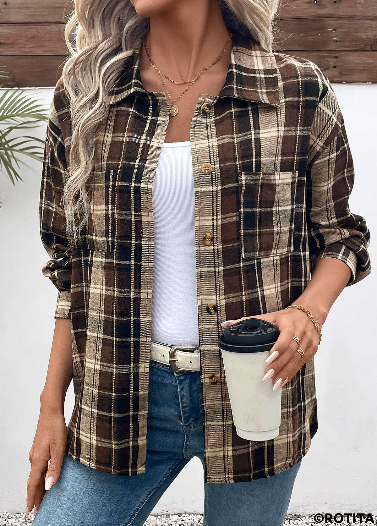 Dark Coffee tops,Plaid tops,Geometric tops,ROTITA Curved Hem Plaid Dark Coffee Turn Down Collar Shirt