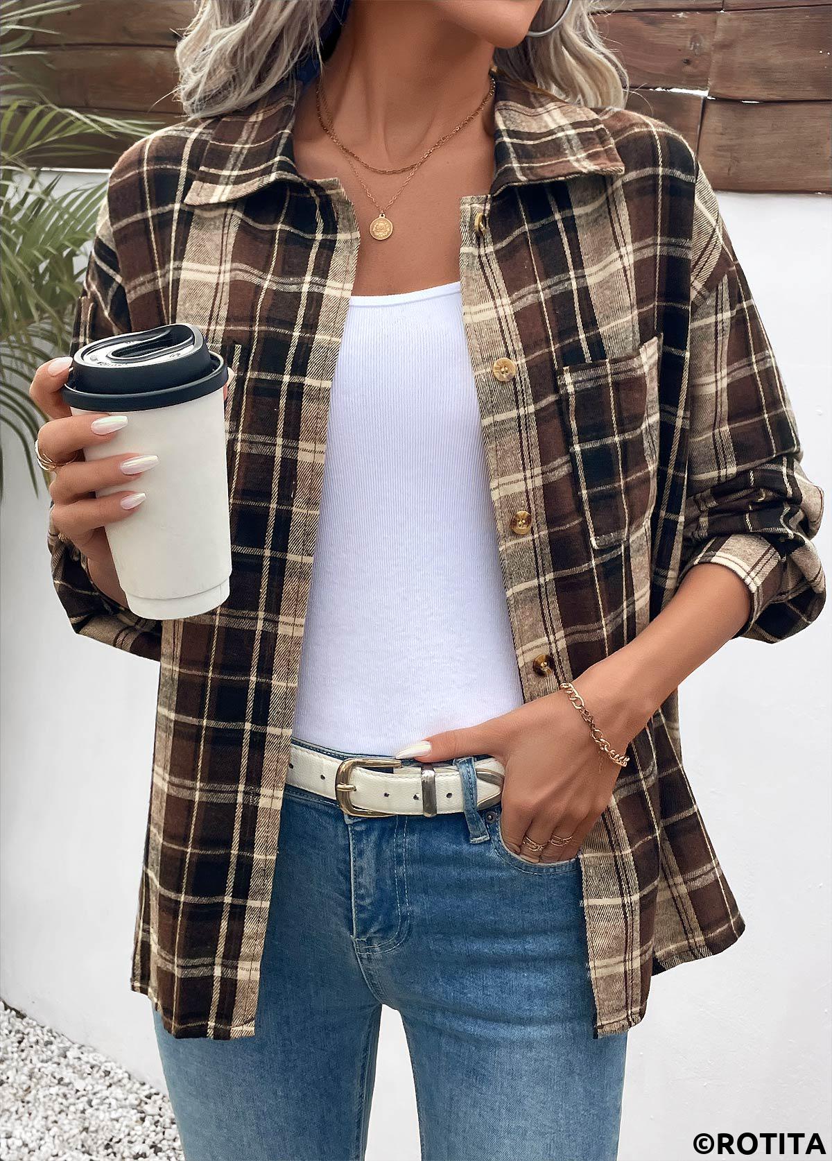 Dark Coffee tops,Plaid tops,Geometric tops,ROTITA Curved Hem Plaid Dark Coffee Turn Down Collar Shirt