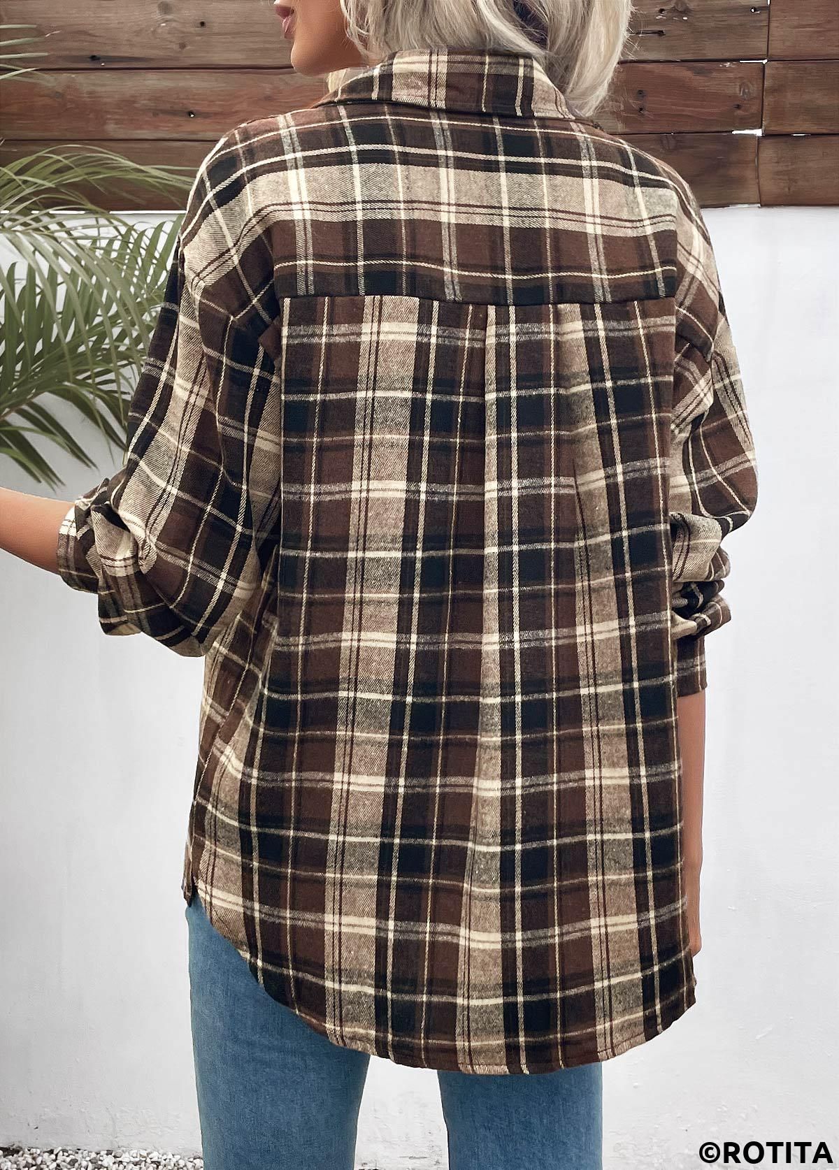 Dark Coffee tops,Plaid tops,Geometric tops,ROTITA Curved Hem Plaid Dark Coffee Turn Down Collar Shirt