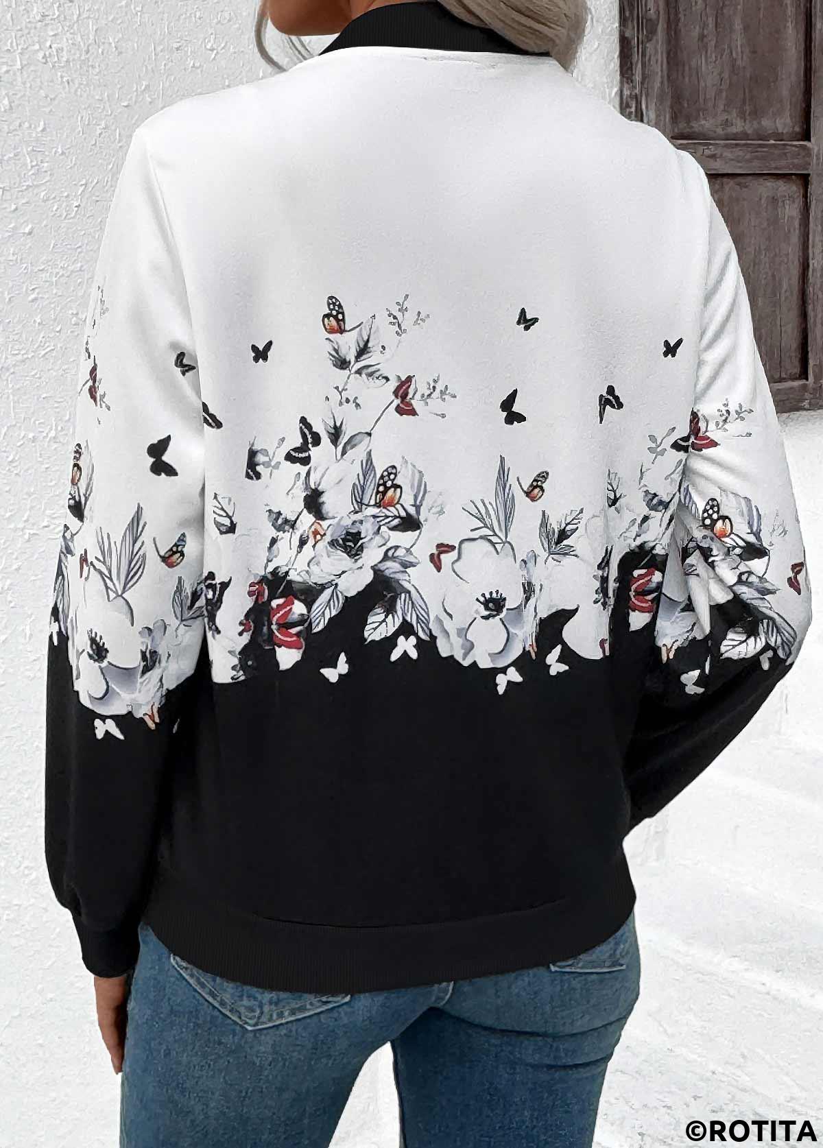 White tops,Floral tops,Plants tops,ROTITA Zipper Floral Print White Stand Collar Long Sleeve Jacket