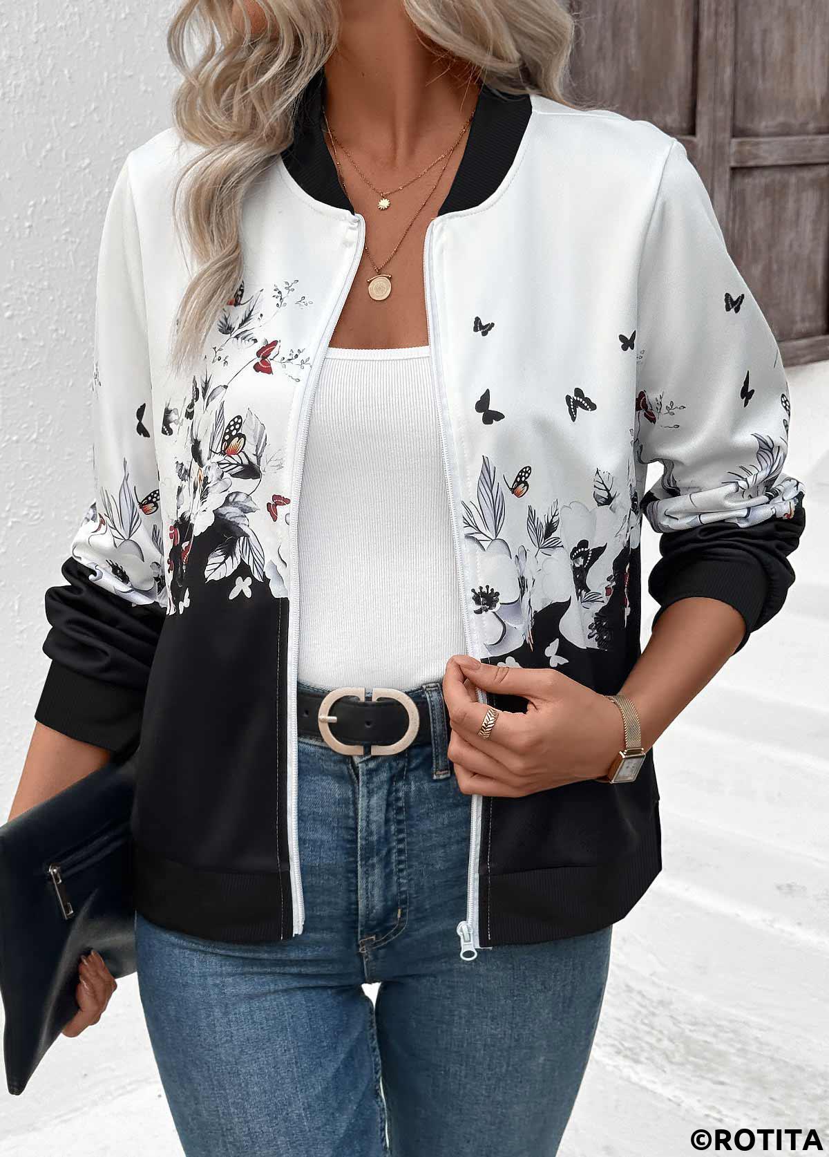 White tops,Floral tops,Plants tops,ROTITA Zipper Floral Print White Stand Collar Long Sleeve Jacket