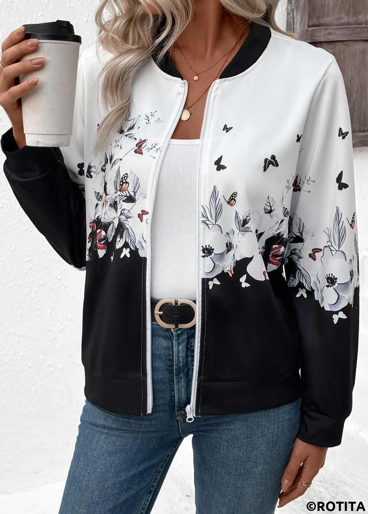 White tops,Floral tops,Plants tops,ROTITA Zipper Floral Print White Stand Collar Long Sleeve Jacket