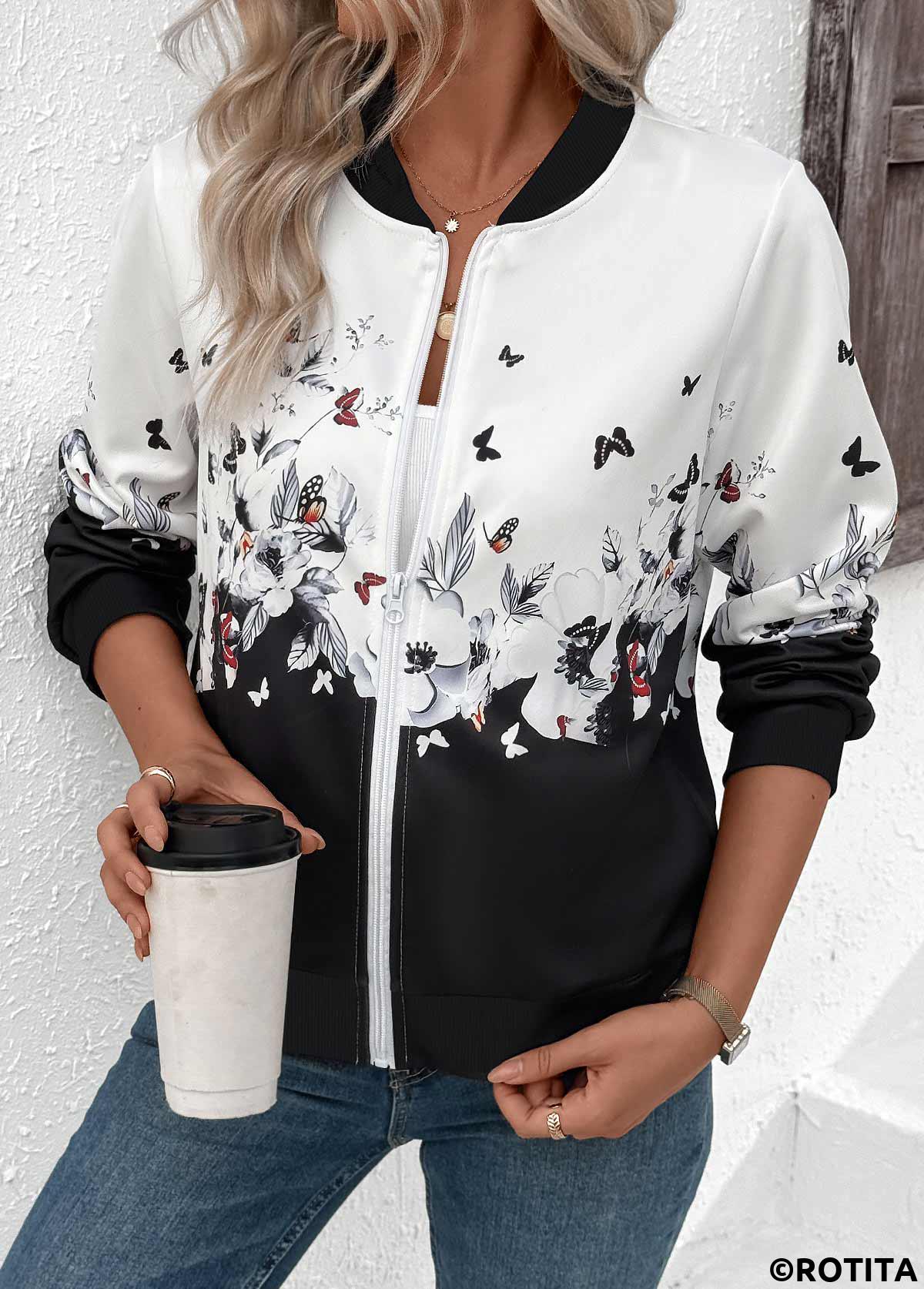 White tops,Floral tops,Plants tops,ROTITA Zipper Floral Print White Stand Collar Long Sleeve Jacket