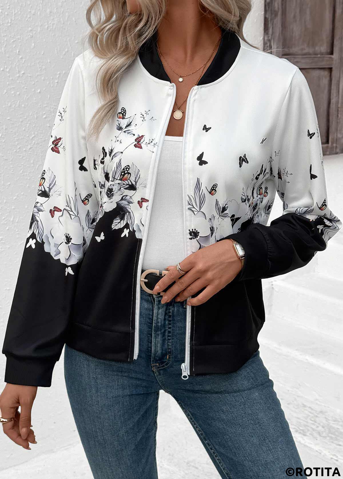 White tops,Floral tops,Plants tops,ROTITA Zipper Floral Print White Stand Collar Long Sleeve Jacket