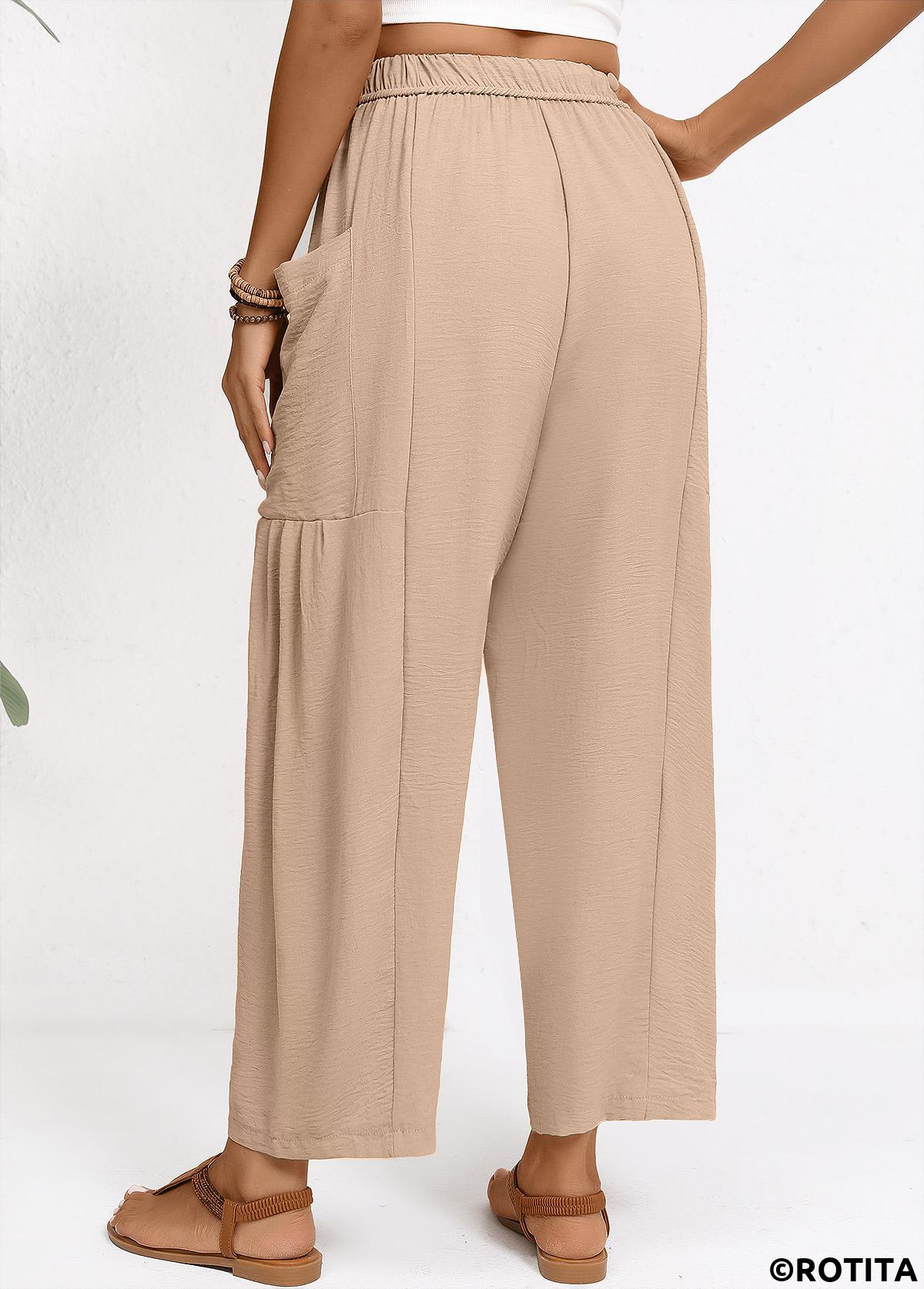 Light Coffee bottoms,Plain Color bottoms,Light Coffee Wide Leg Elastic Waist High Waisted Pants