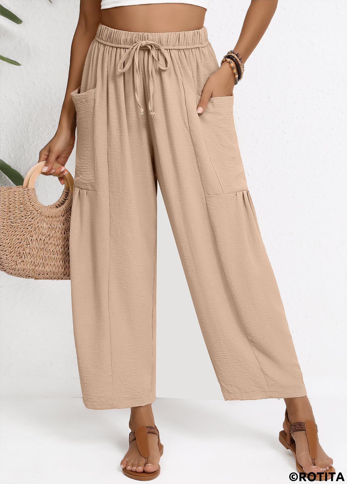 Light Coffee bottoms,Plain Color bottoms,Light Coffee Wide Leg Elastic Waist High Waisted Pants