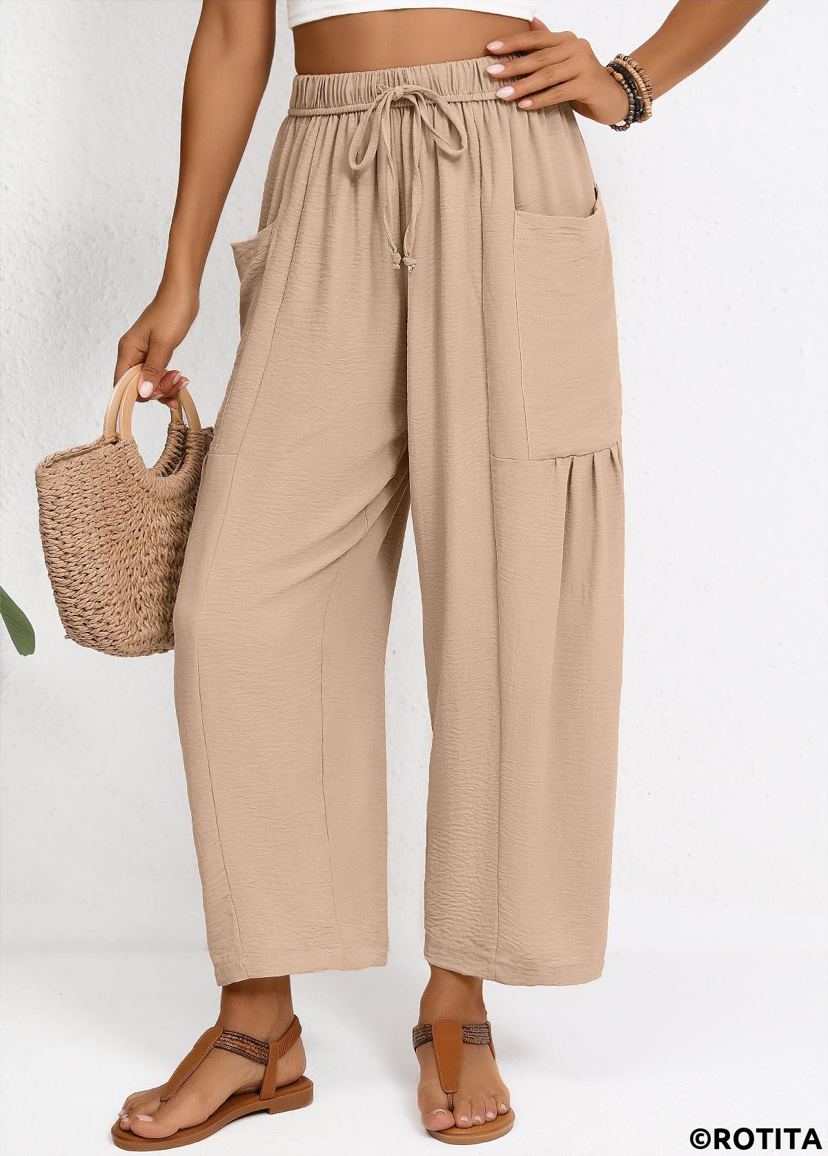 Light Coffee bottoms,Plain Color bottoms,Light Coffee Wide Leg Elastic Waist High Waisted Pants