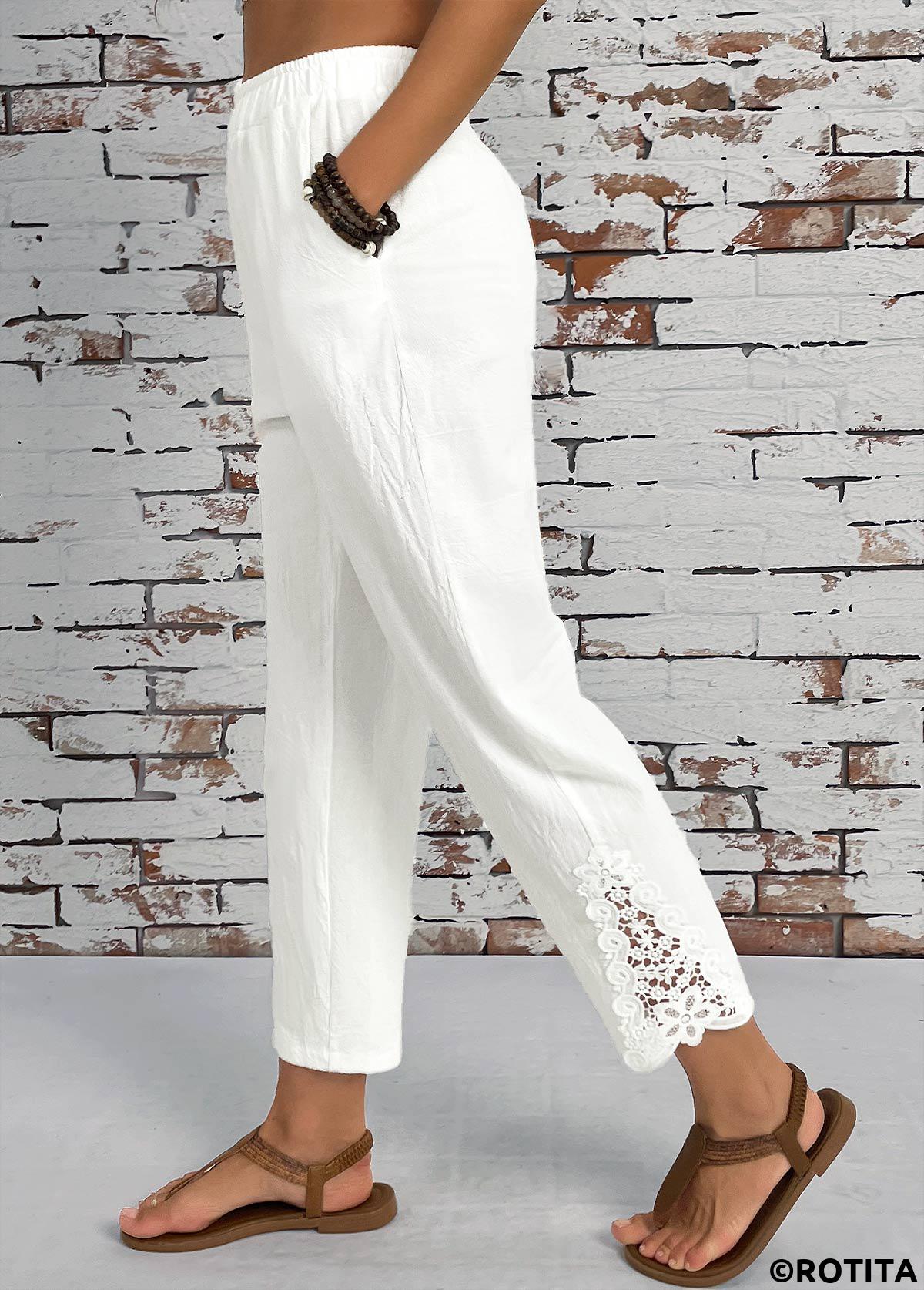 White bottoms,Plain Color bottoms,Pocket White Straight Leg Elastic Waist High Waisted Pants