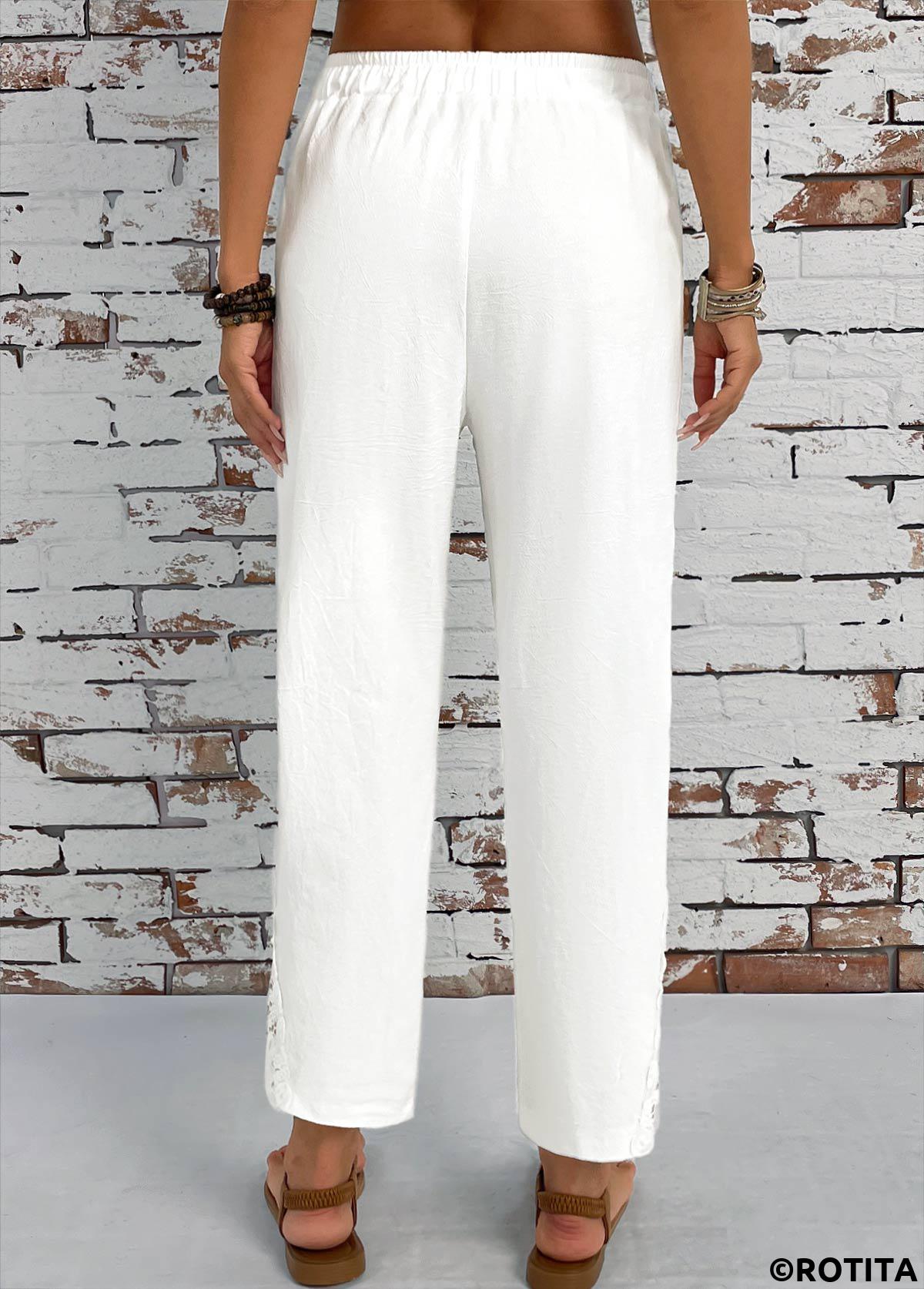 White bottoms,Plain Color bottoms,Pocket White Straight Leg Elastic Waist High Waisted Pants