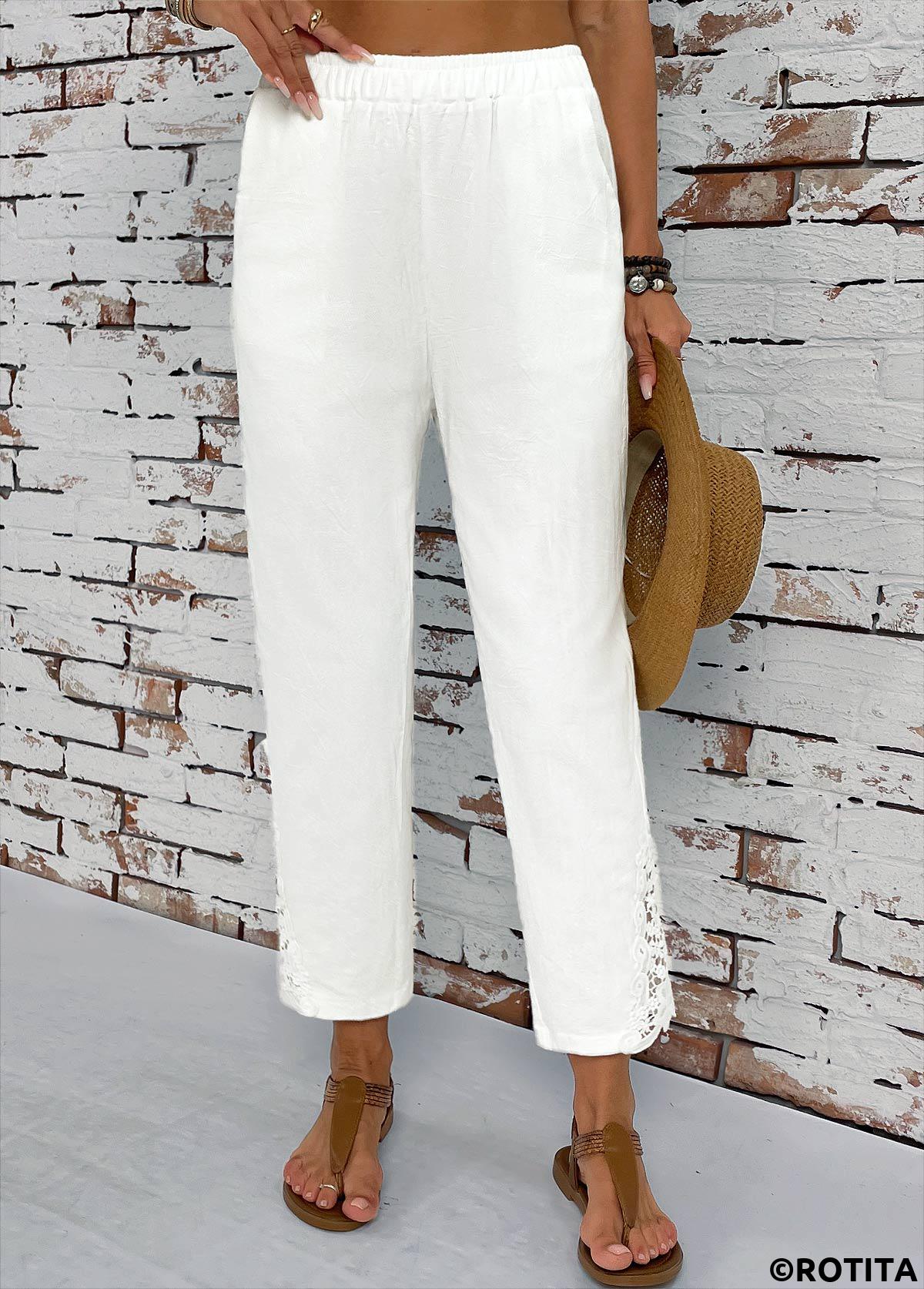 White bottoms,Plain Color bottoms,Pocket White Straight Leg Elastic Waist High Waisted Pants