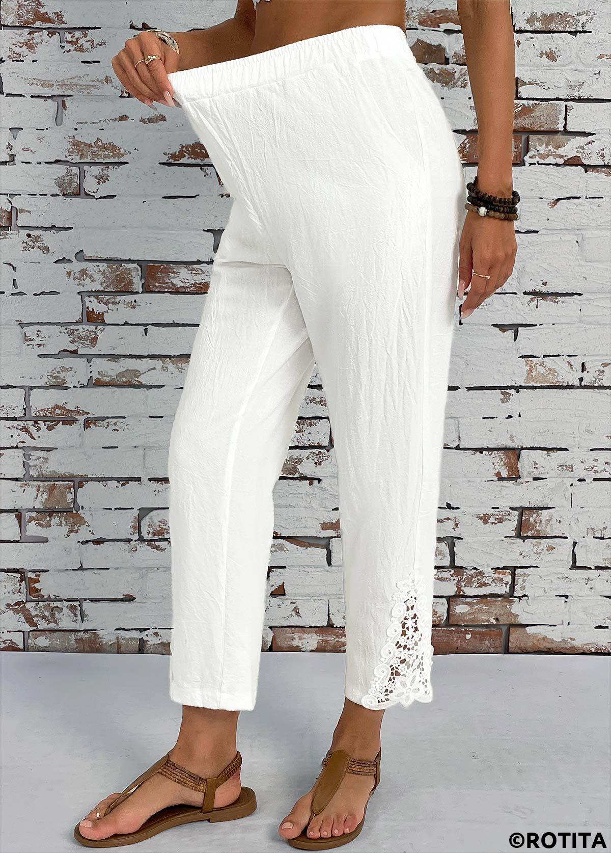 White bottoms,Plain Color bottoms,Pocket White Straight Leg Elastic Waist High Waisted Pants