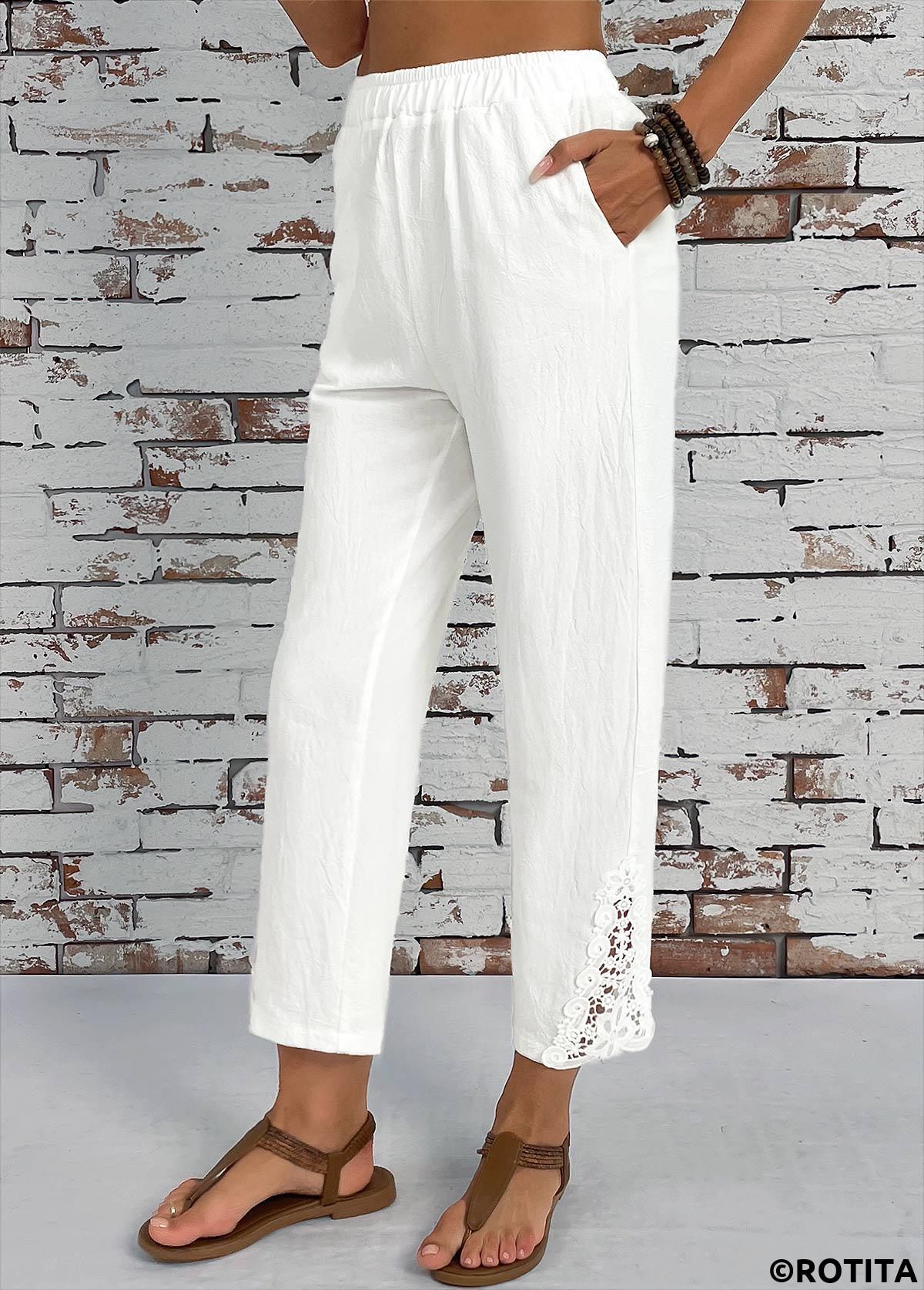 White bottoms,Plain Color bottoms,Pocket White Straight Leg Elastic Waist High Waisted Pants