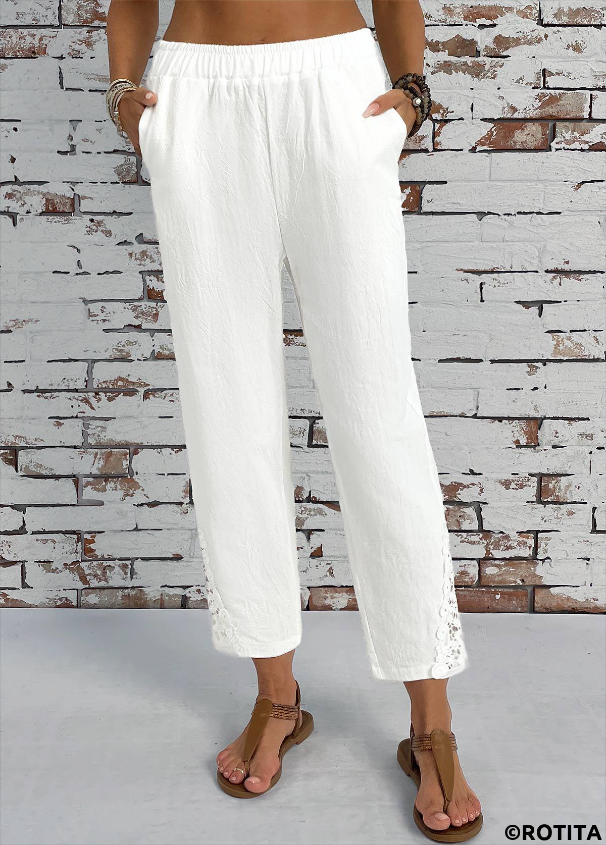 White bottoms,Plain Color bottoms,Pocket White Straight Leg Elastic Waist High Waisted Pants