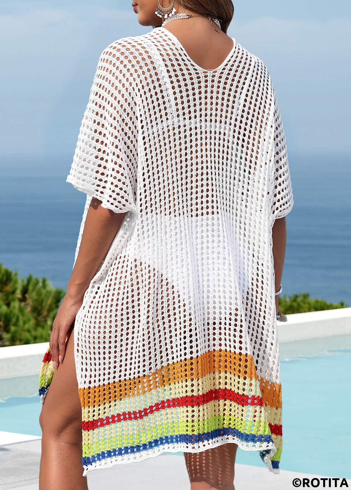 White swimwear,Striped swimwear,Geometric swimwear,White Short Sleeve Striped Cover Up