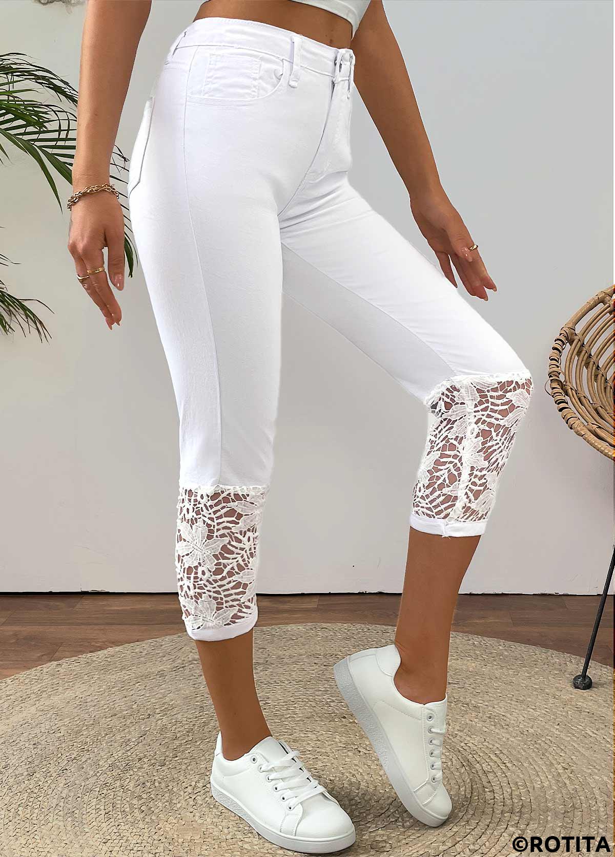 White bottoms,Plain Color bottoms,White Skinny Button Fly High Waisted Jeans