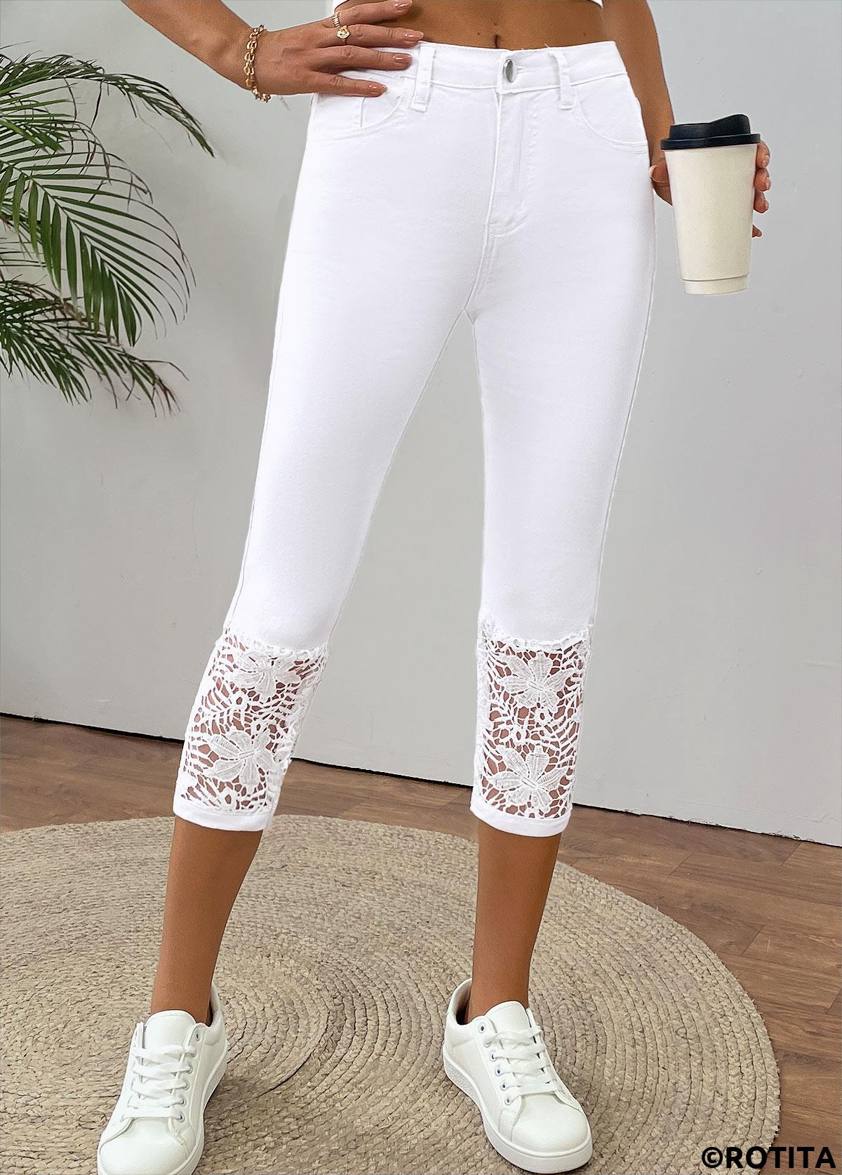 White bottoms,Plain Color bottoms,White Skinny Button Fly High Waisted Jeans