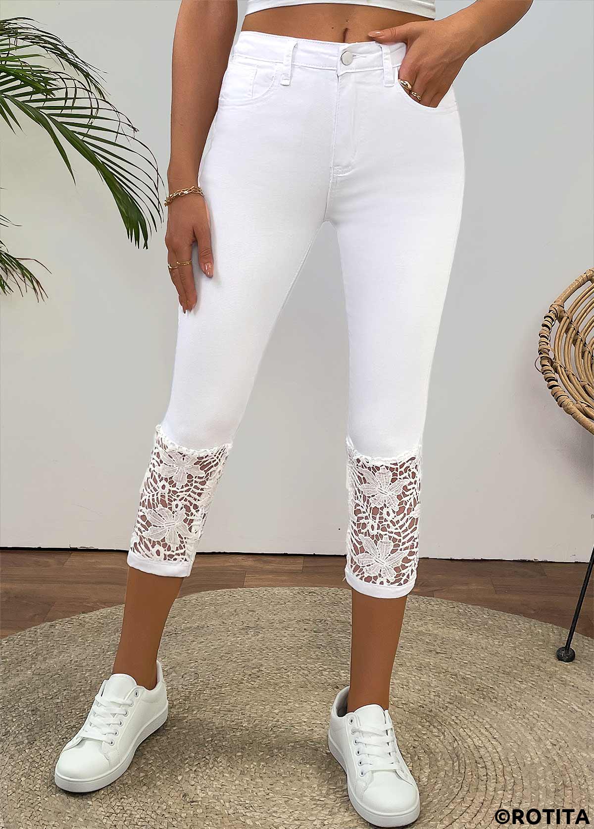 White bottoms,Plain Color bottoms,White Skinny Button Fly High Waisted Jeans