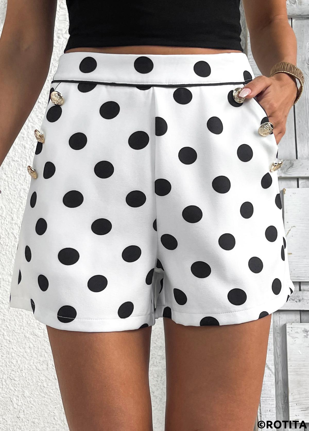 White bottoms,Dot bottoms,Polka Dot White Zipper Fly Mid Waisted Shorts
