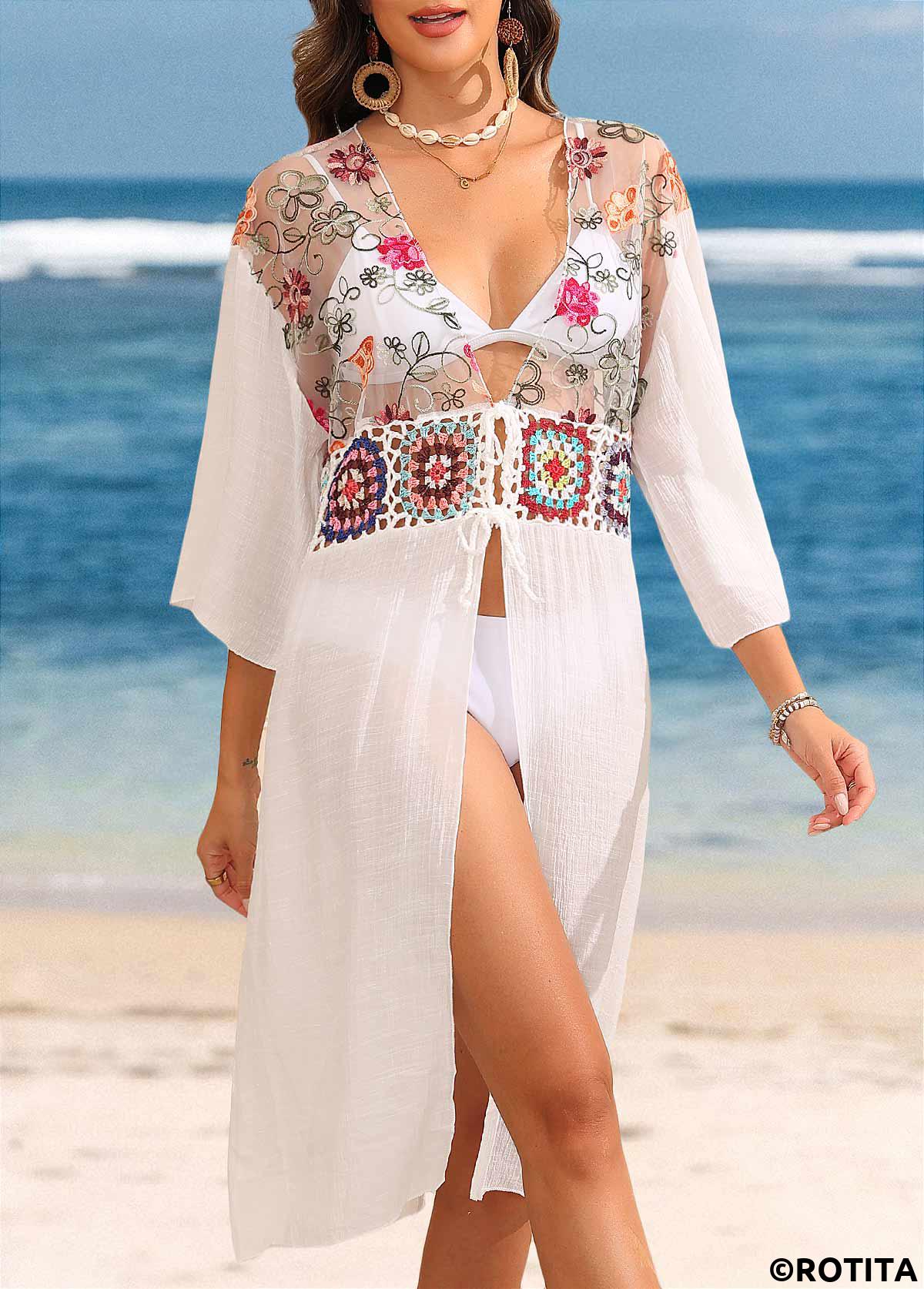 White swimwear,Contrast Color swimwear,White Patchwork V Neck Cover Up