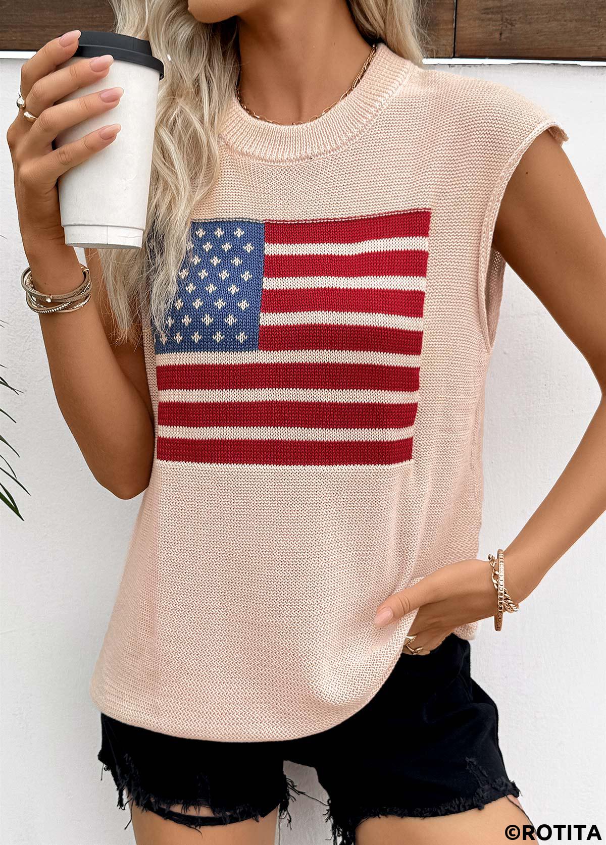 Beige tops,Flag tops,American Flag Print Beige Round Neck Sleeveless Tank Top