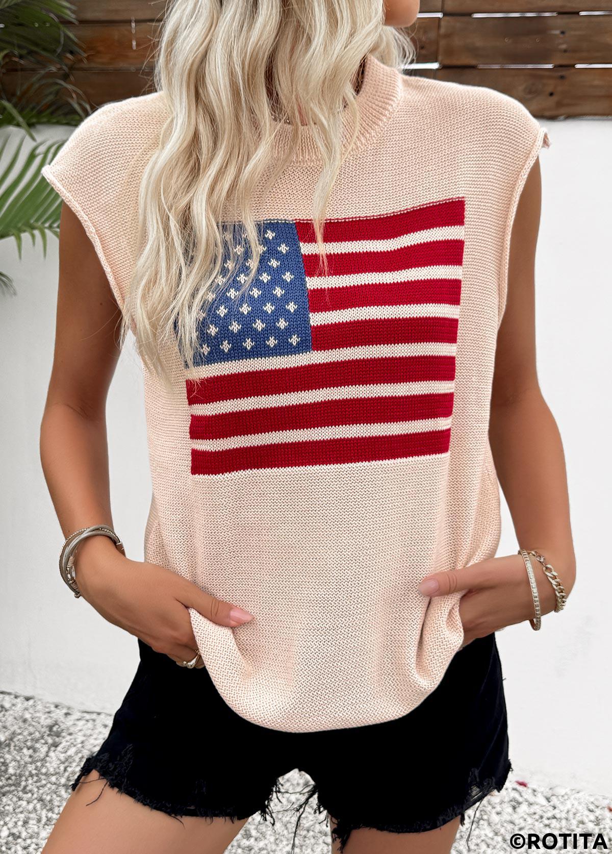 Beige tops,Flag tops,American Flag Print Beige Round Neck Sleeveless Tank Top