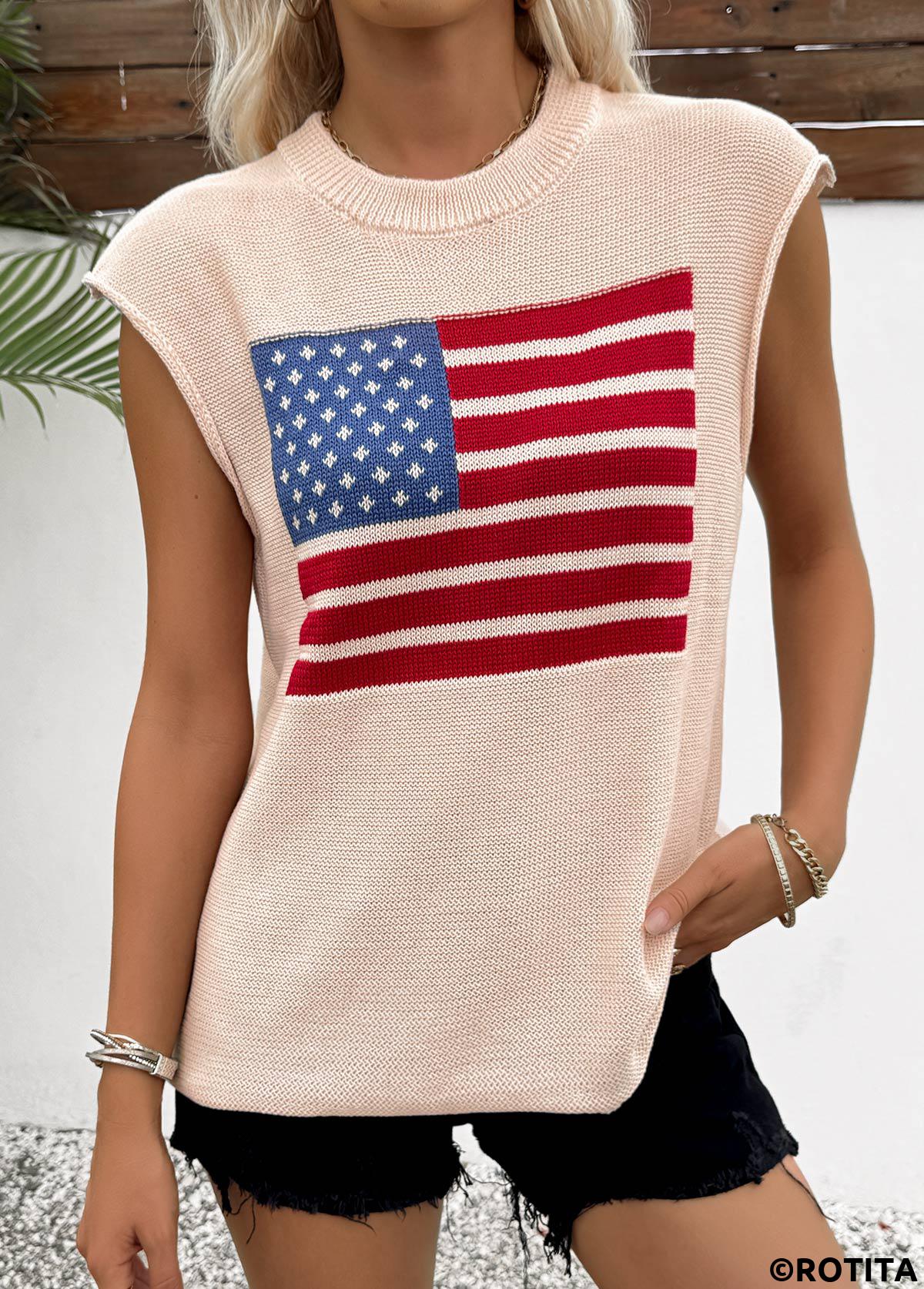 Beige tops,Flag tops,American Flag Print Beige Round Neck Sleeveless Tank Top
