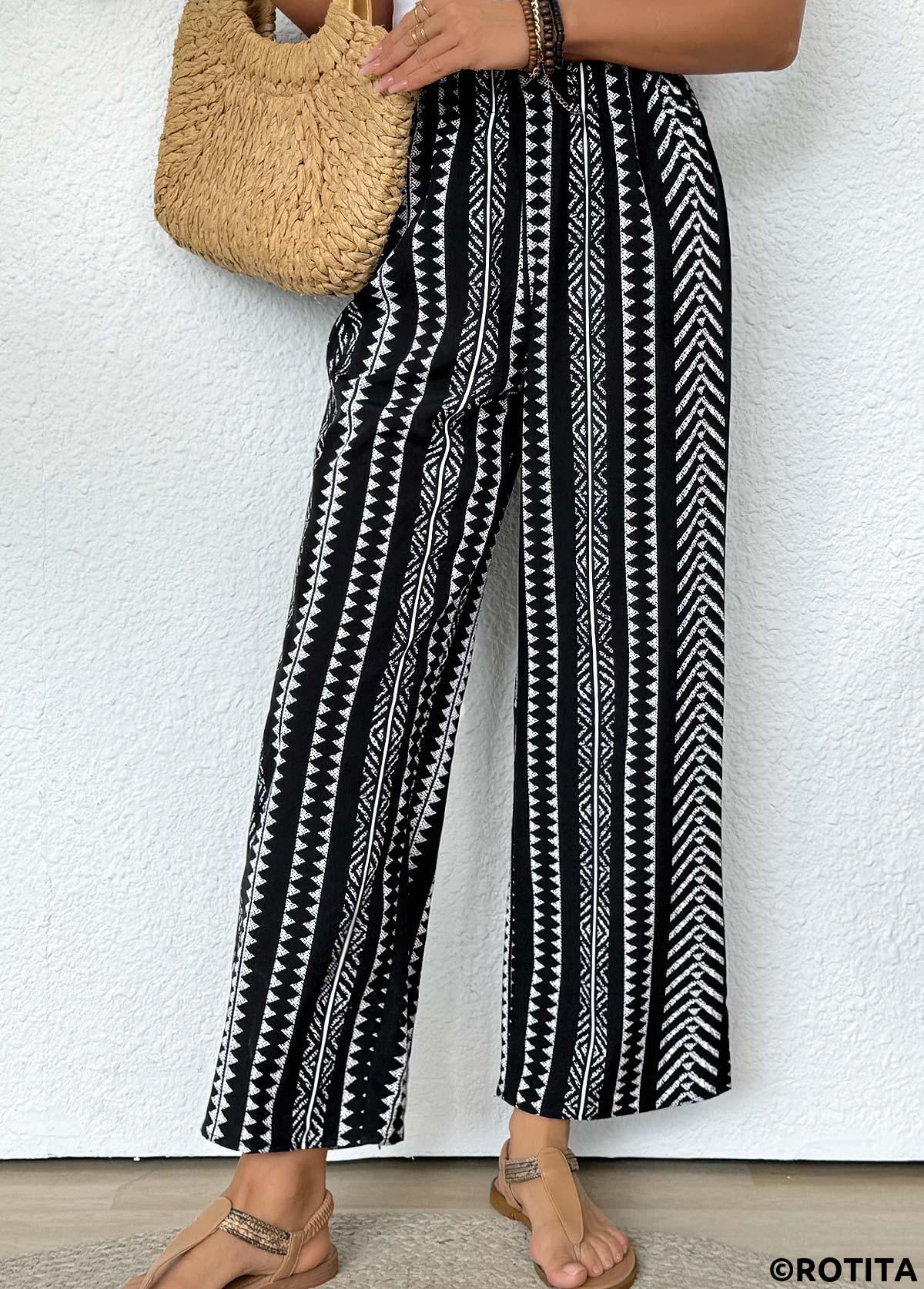 Black bottoms,Tribal bottoms,Tribal Print Black Straight Leg Elastic Waist Pants