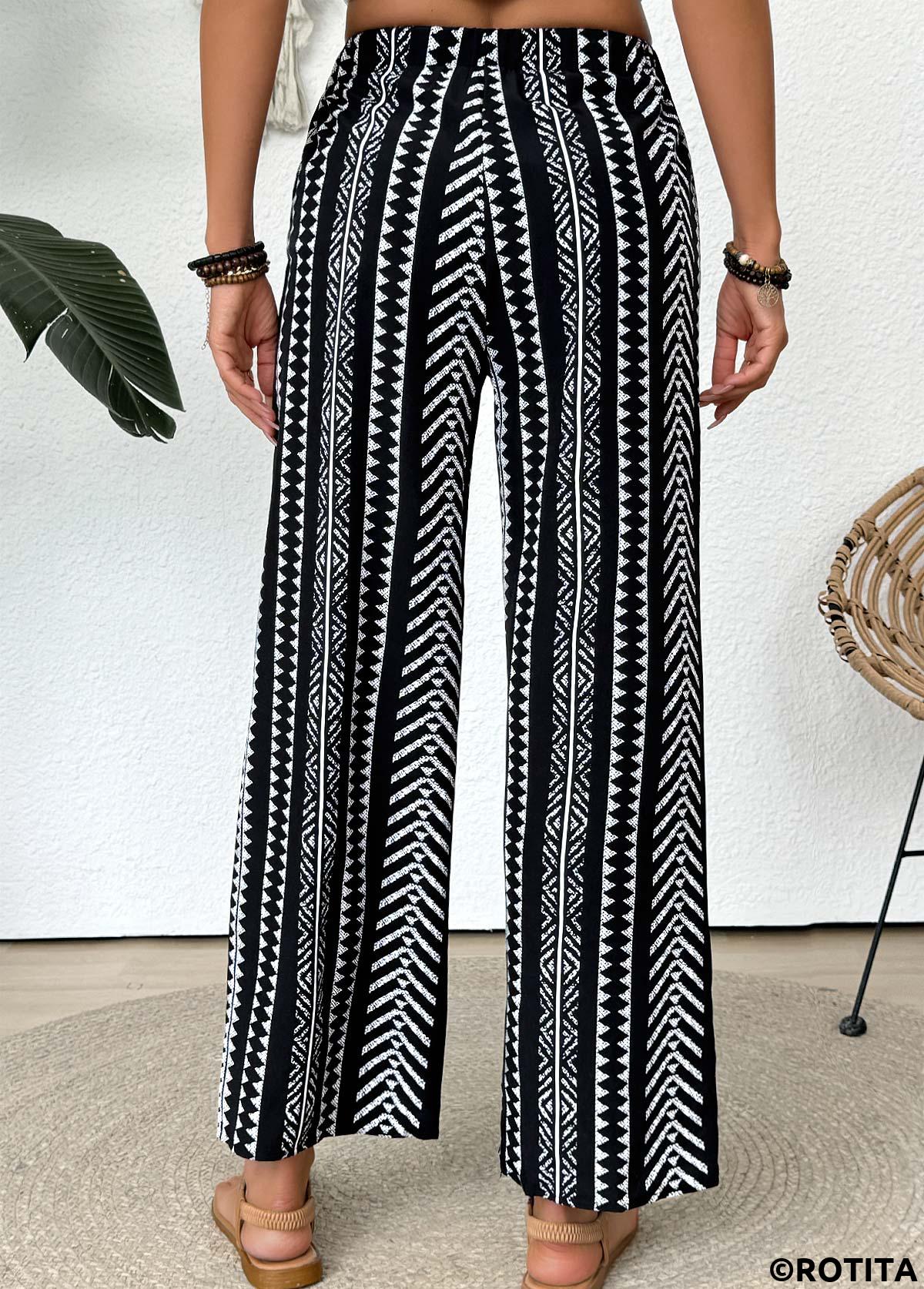 Black bottoms,Tribal bottoms,Tribal Print Black Straight Leg Elastic Waist Pants